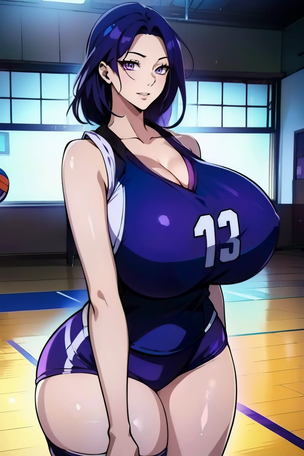 An anime-style artwork depicting acheron from the game Honkai star rail.

Tags: acheronhsr, anime, detailed eyes, detailed lips, (volleyball outfit : 1.4), smiling expression, intense gaze, glowing emblem on hand, dynamic pose,  indoor, locker room, vibrant colors, digital art, high-resolution, professional quality, gigantic breasts, curvy, cowboy shot, (gigantic breasts: 1.4), (purple eyes: 1.4), (blue hair: 1.6), short hair, 