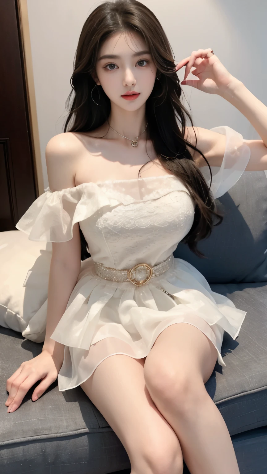 chromatic dispersion,glowing colors, ((Large Breasts)), ((D cup)), Visible cleavage,Highly detailed face and skin texture,((Bare shoulder)), Double eyelids,Skin Whitening,Long hair,Whitening long legs,Standing by the sea, Fashion Girl, Red lips, Sweet Girl, Beautiful makeup, detail, lifelike, Very detailed, Astonishing, beautiful, Young and energetic, high quality,HD, Colorful, Beautifully, Smooth skin, The skirt is very short, Official Art, Extremely detailed, Movie atmosphere, Soft colors, Natural skin texture, Random scene, random shooting Angle, Black over-the-knee socks, lace hem
