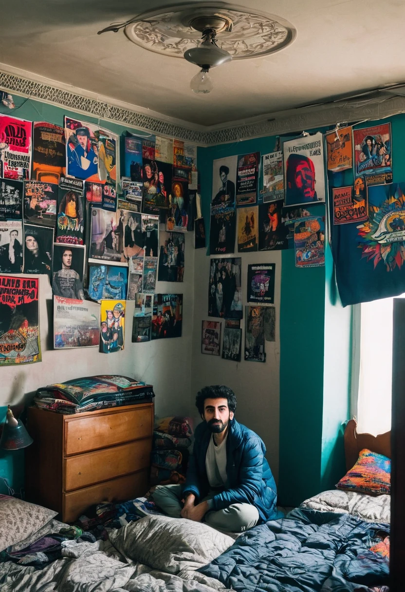 Armenian guy, woke up in my room and realized, that he&#39;s late for a meeting; he panics and is in a hurry, wears anything;the bedroom is half empty, old bed, posters with rock bands hanging, there are things in the corner.