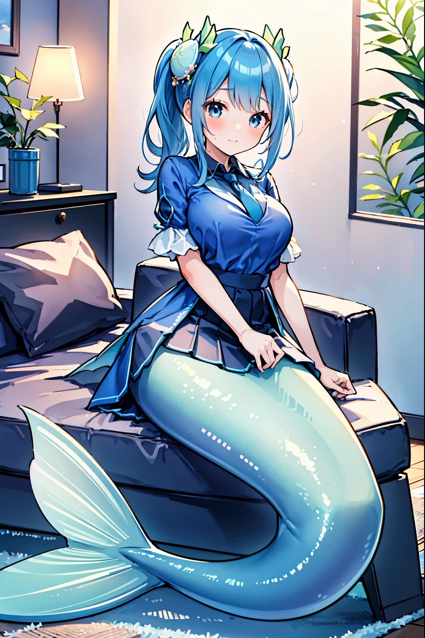 masterpiece, best quality,a woman,Large Breasts,Mermaid,Blue shirt,Blue Skirt,天藍色的Mermaid尾巴,full-body shot,for the audience,Get posed,living room,Sitting on the sofa,charming脸(Kawaii, charming,Soft)