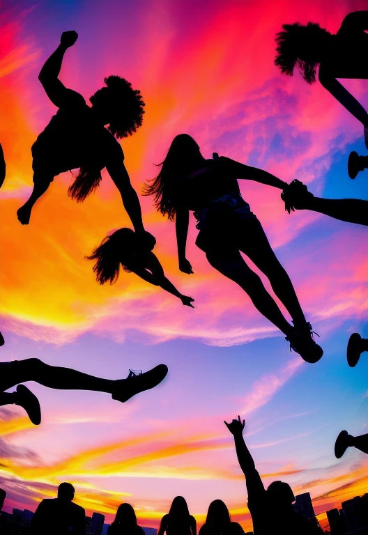Camera Model: GoPro Hero 9
Shot Type: Silhouette Shot
Lens Type: Wide Angle (12mm)
Description: As the sun sets behind the cityscape, the arican american models' silhouettes are cast against the colorful sky. They stand in a line, showcasing the brand's cohesive aesthetic and unity. The vibrant hues of the sunset complement the printed designs of their clothing.