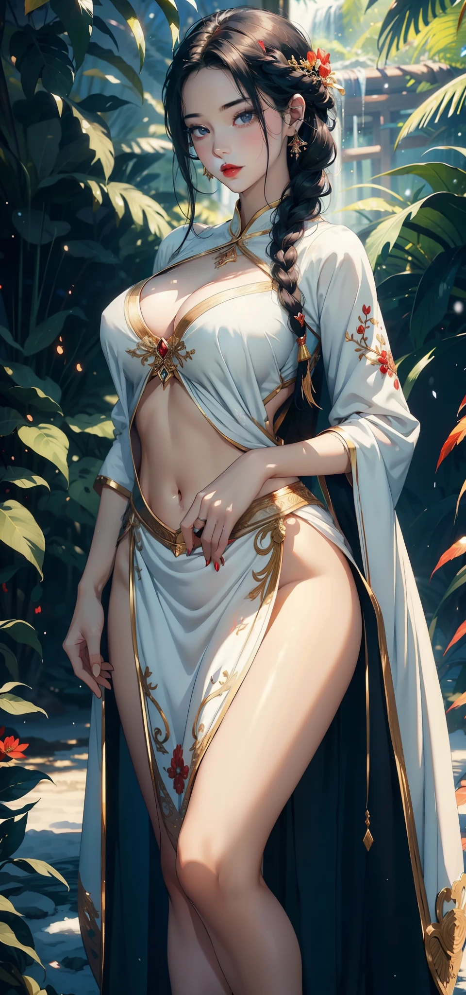 1 female,35 years old,Slim,very big ,Big breasts and thin waist,Long legs, Solitary,(background:,rainforest,pond)Standing, She has short black hair,front view, braid,partly cloudy,(((masterpiece),(Very detailed CG unified 8K wallpaper),best quality,Light,详细background,Beautiful and delicate eyes,Smart pupils,black eyes,Snow-white skin,Red lips(very delicate and beautiful),(Beautiful and detailed eye descriptions),Ultra Detailed,masterpiece,))Facing the camera,high resolution,Ultra Detailed),dancer,Gold wire embroidery,Blue and red color scheme,nude