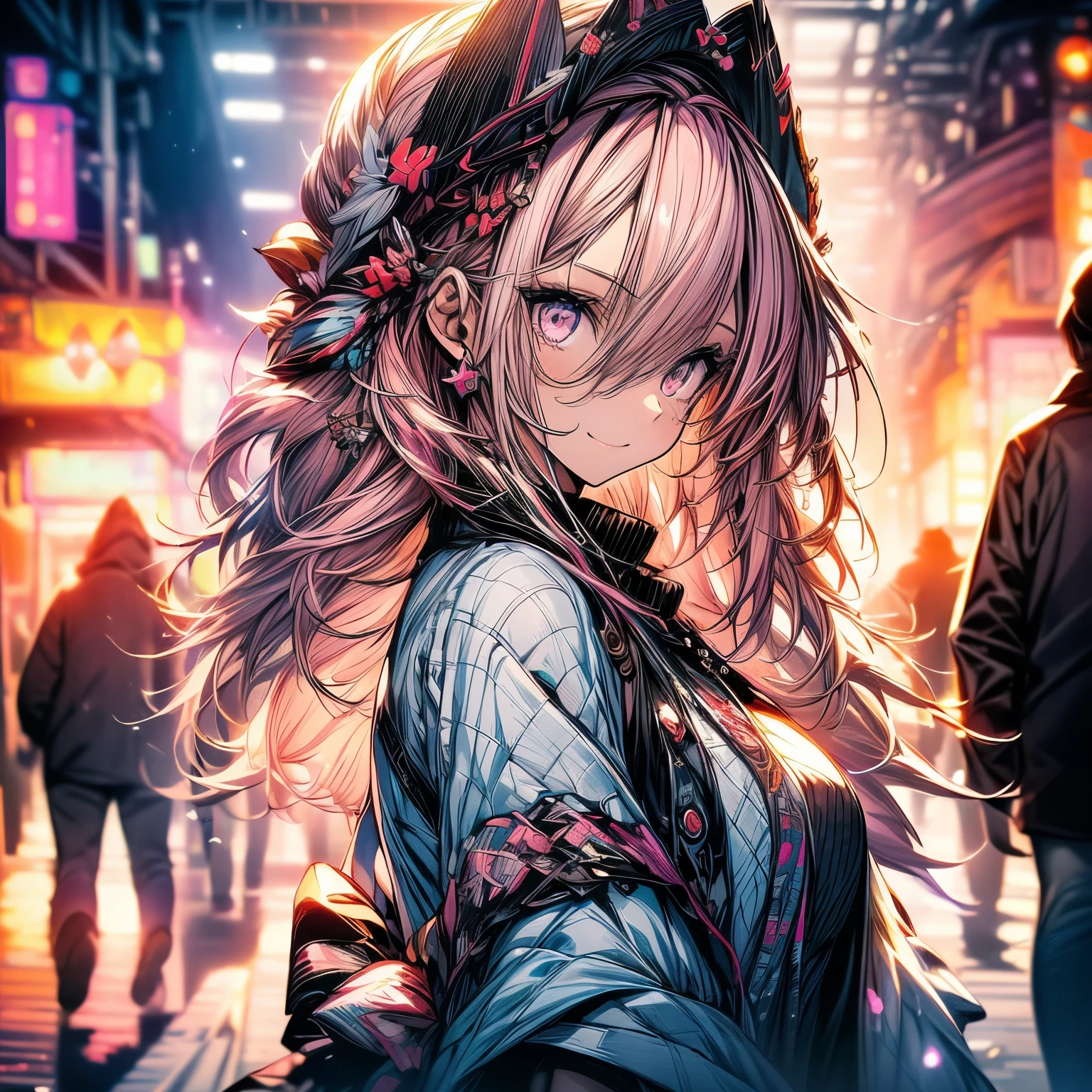 ((((masterpiece, best quality, ultra detail, very_high_resolution, large_filesize, full color)))), 1 girl, Kemo ears, Bokeh, Clothes that expose both shoulders, oversized sweater, pink hair, pink eyes, best smile,