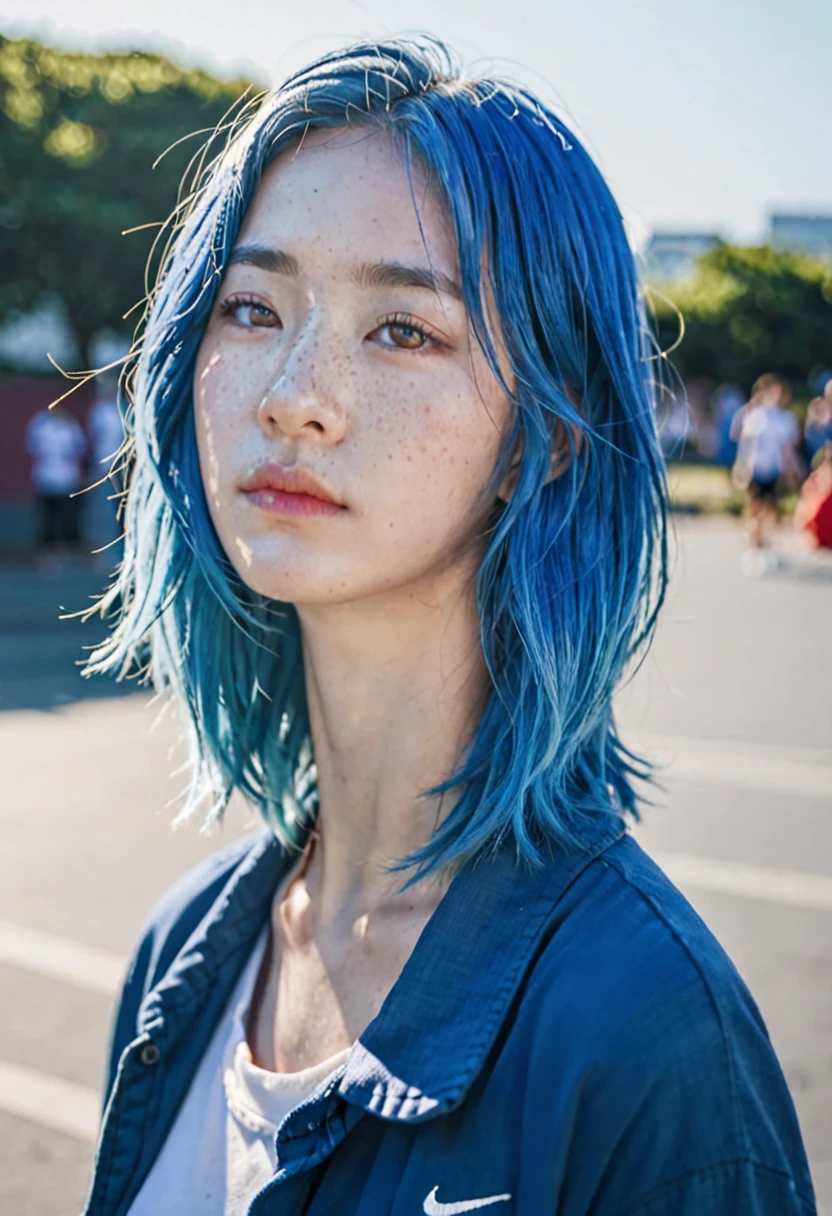 Blue Hair。 Best Anamorphic Lens Photography 50mm Lens Freckled Woman Close-up。in the background, The morning sun shines on her hair.、The background is blurred。Snazzy。nike sneakers。Sunburned skin。Eye close-up。