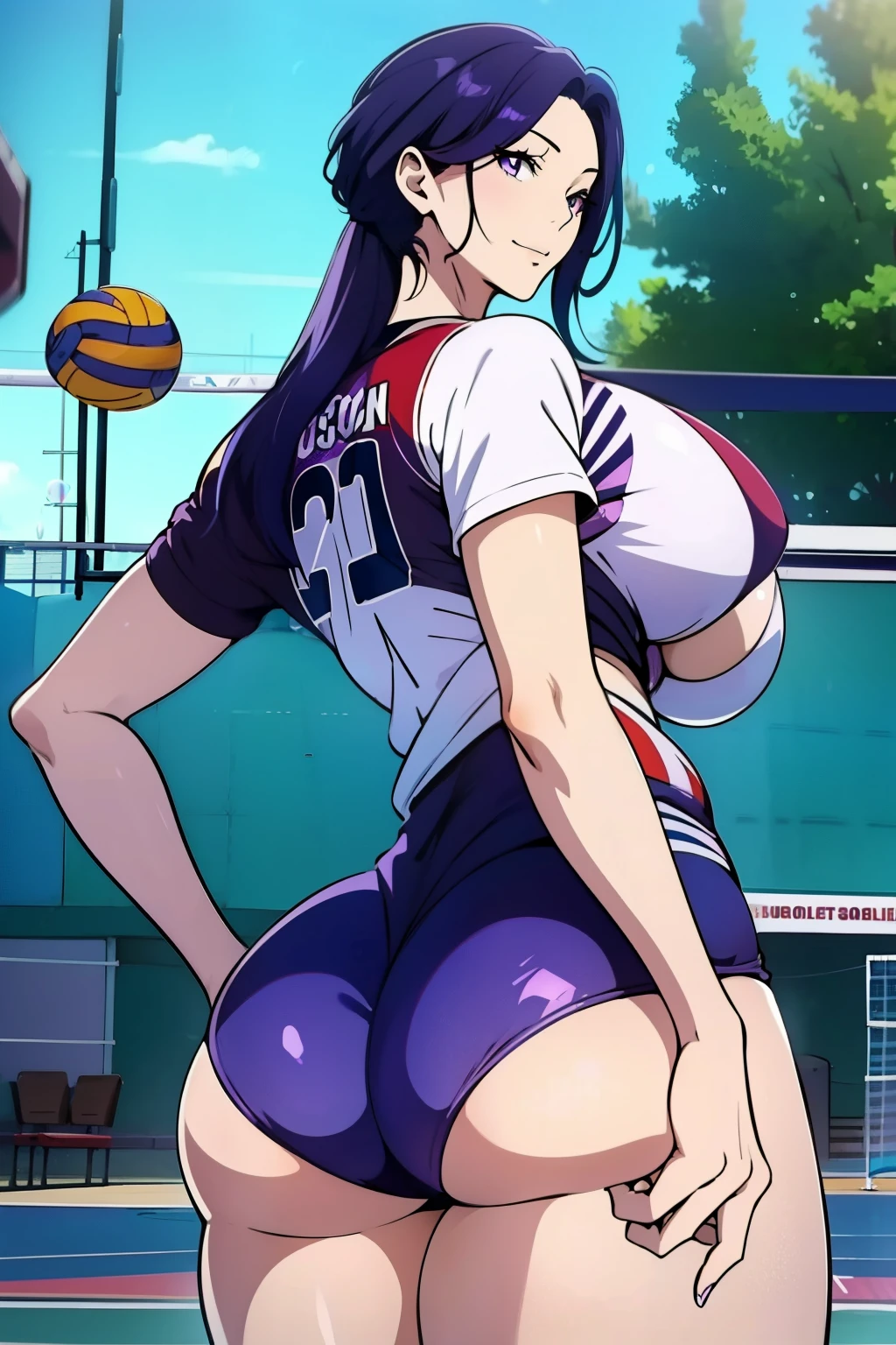 An anime-style artwork depicting acheron from the game Honkai star rail.
Tags: acheronhsr, anime, detailed eyes, detailed lips, (volleyball outfit : 1.4), smiling expression, intense gaze, glowing emblem on hand, dynamic pose, outdoor, pool, vibrant colors, digital art, high-resolution, professional quality, gigantic breasts, curvy, cowboy shot, (gigantic breasts: 1.4), (purple eyes: 1.4), (blue hair: 1.6), short hair, curvy ass, (big butt : 1.4), (bubble butt : 1.4), from behind, back view