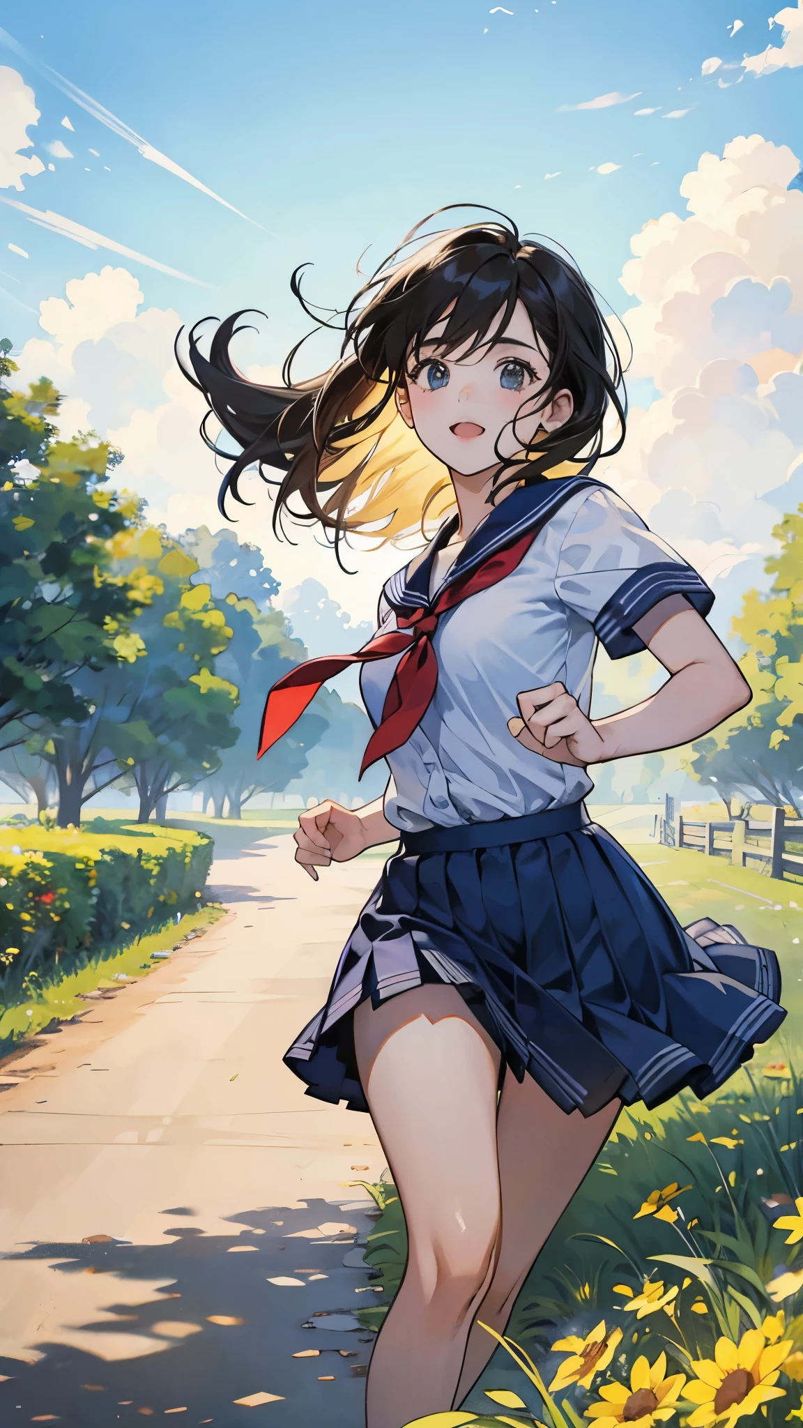 a girl running in the country side, nostalgic, sunny day, sexy, school, , 