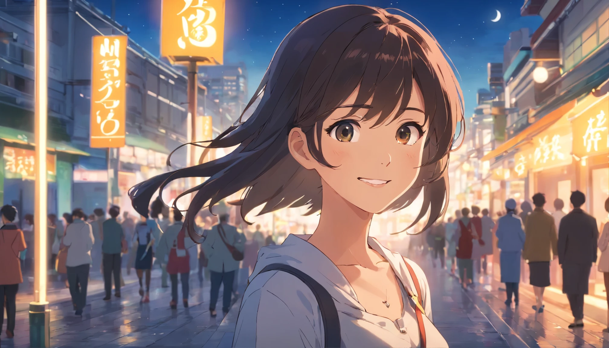 (Half Body Shot,Street lamp,moon),masterpiece, 1 Girl, Solo exhibition, Beautiful woman on a busy street, surrounded by peddlers, beautiful goddess girl portrait, Beautiful and dense face, Porcelain Skin, (((Bust Shot, center, night, Black Hair, short hair)), Very soft lighting, Symmetric, complicated, grace, High Detail, realism, art, concept art,smiling happily