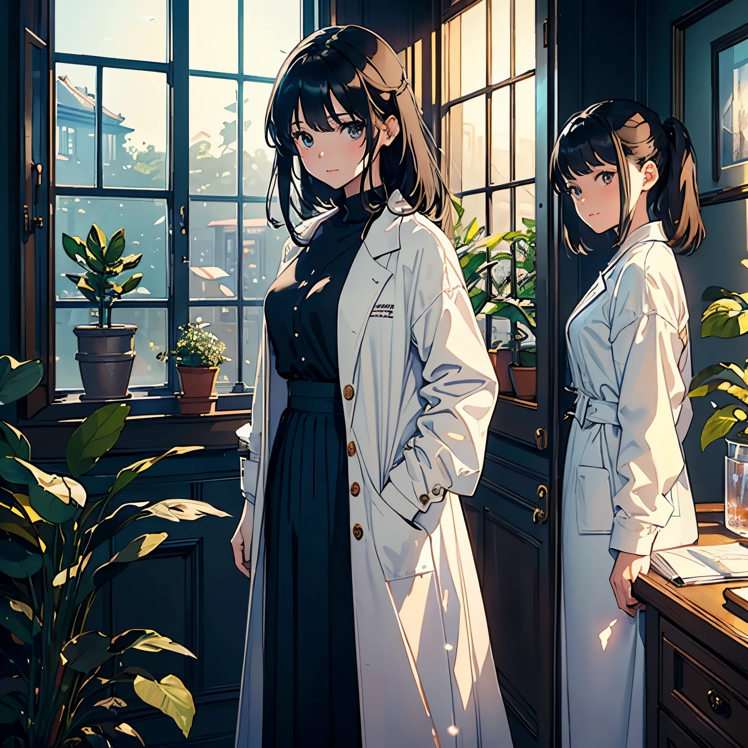 (highest quality、masterpiece、High resolution)、(Sargent style watercolor)、(Anime Art)、Cinematic Light、Soft Light、((Two Girls))、20-year-old、((With documents、Standing by the wall))、Black Hair、Short Hair、semi-long、Put your hair up、(detailed depiction of the face)、((Wearing a white coat))、(uniform、Long skirt)、sophisticated look、Small breasts、anatomically accurate hands、whole body、graduate School、Large bookshelf、Specimen shelf、Mineral specimens、Insect specimenicroscope、Laboratory instrument、Foliage plant、 Blur the background、Window、((Night view outside the window))、((indoors at night、illumination))、