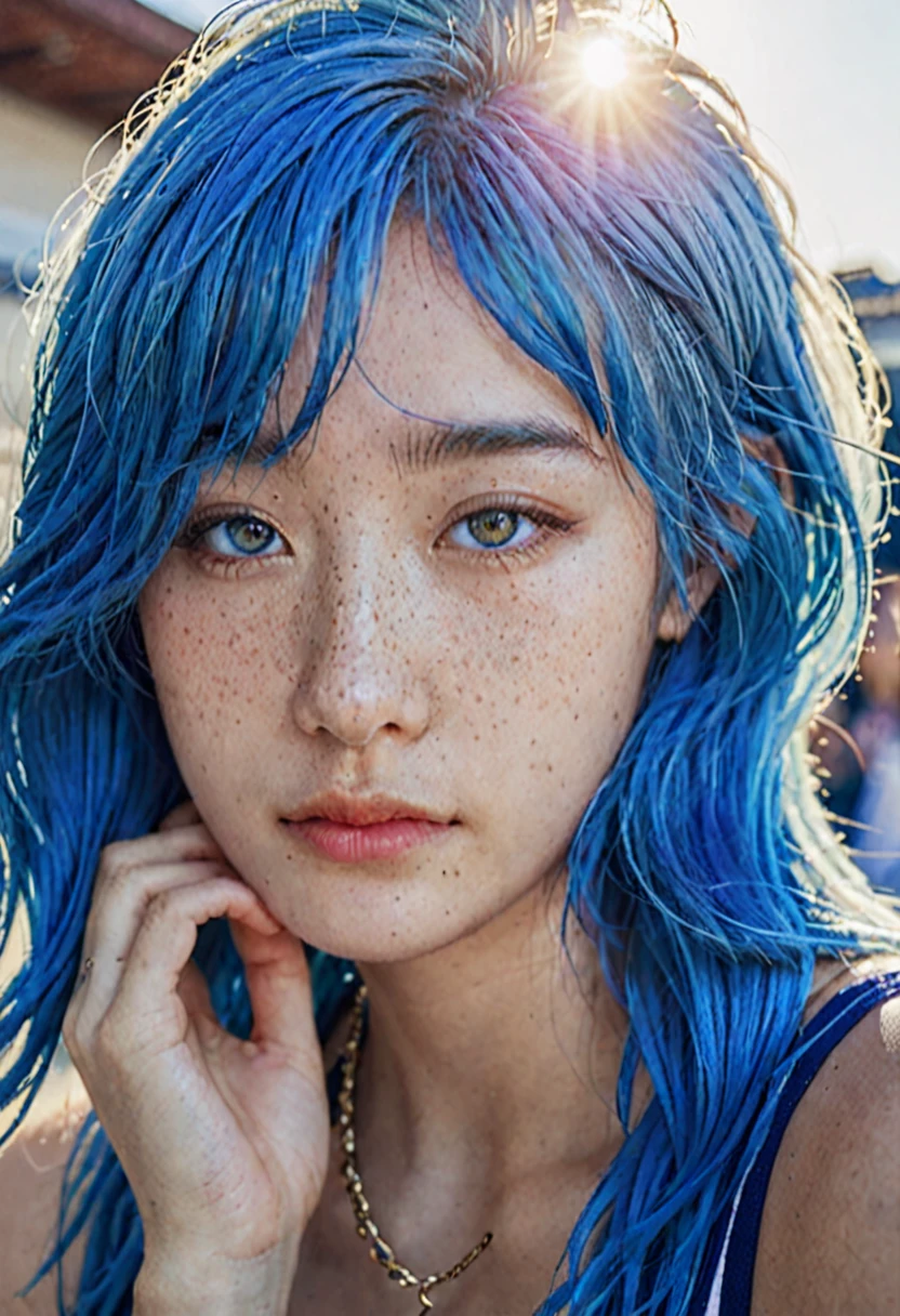 Blue Hair。 Best Anamorphic Lens Photography 50mm Lens Freckled Woman Close-up。in the background, The morning sun shines on her hair.、The background is blurred。Snazzy。nike sneakers。Sunburned skin。Eye close-up。The whole body is photographed and I&#39;m excited.。smile。