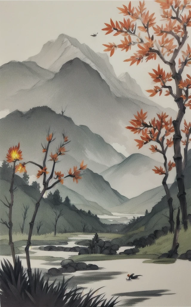 shukezouma, shuimobysim, ((starling)), willow branches, (masterpiece, best quality: 1.2), ((Traditional Chinese ink painting)), model style, bamboo branches, bamboo, wuchangshuo, red, orange, black, fire, starling, bird
