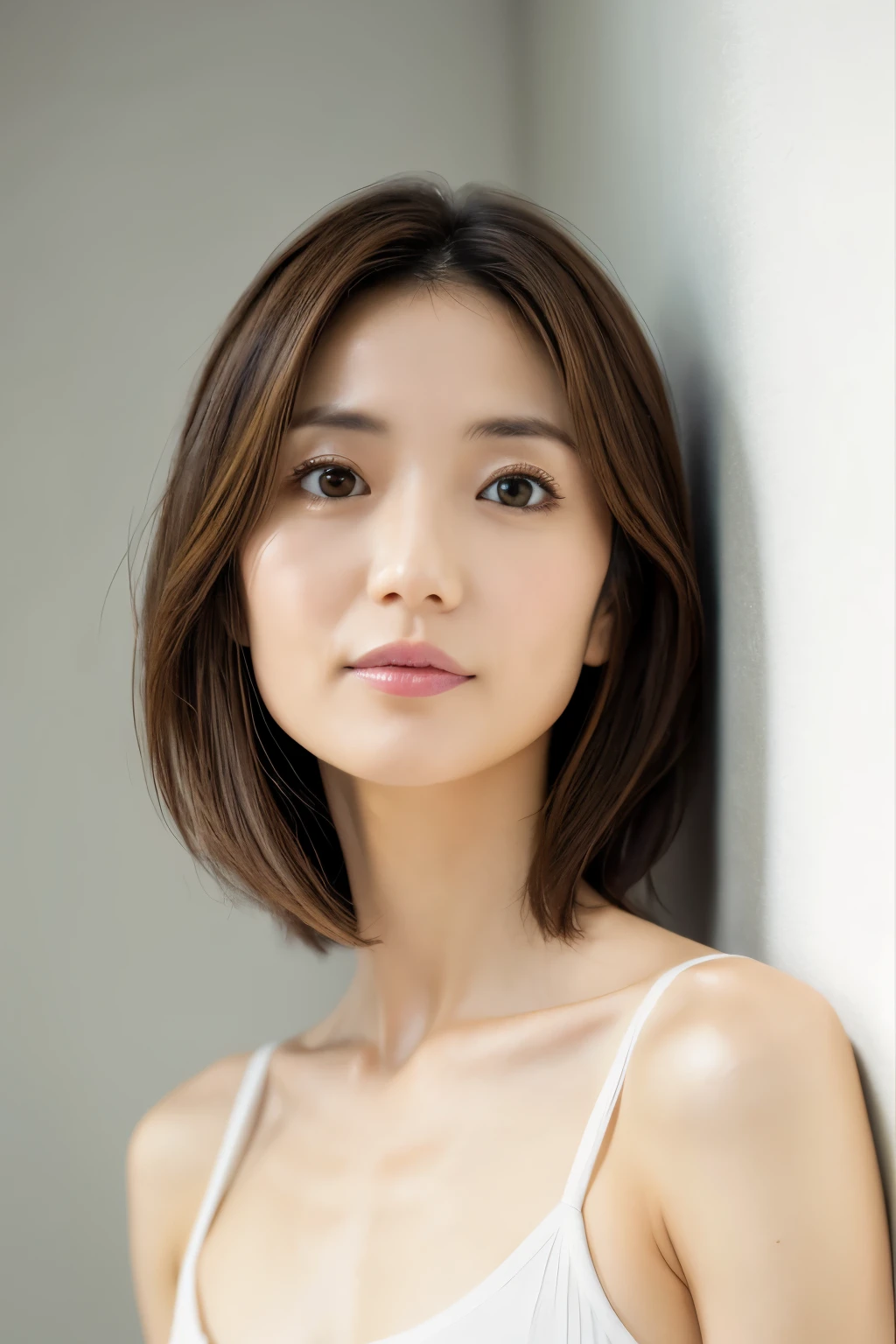 Japanese, short stature woman,  physique, short arm, long slit eyes, fleeting atmosphere, 30 year old, brown bob hair, ((thin lips)), white top and bottom underwear, musterpiece, best quality, detailed skin, detailed face, detailed eyes, 8K, good anatomy, upper body portrait