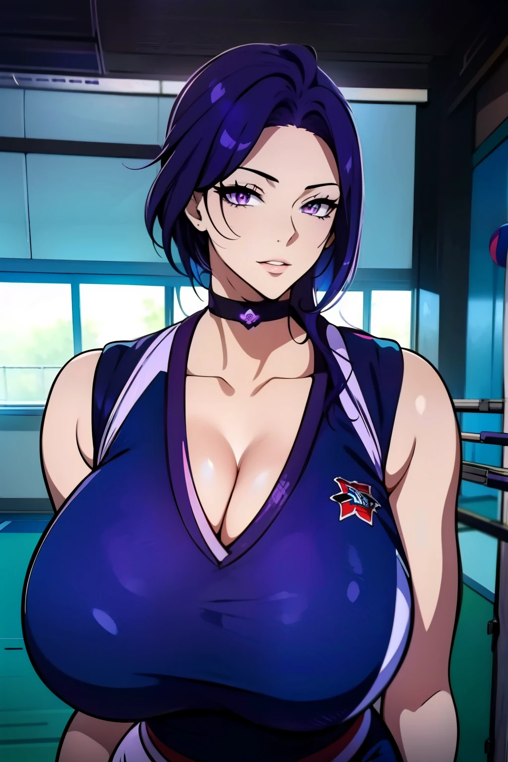 An anime-style artwork depicting acheron from the game Honkai star rail.

Tags: acheronhsr, anime, detailed eyes, detailed lips, (volleyball outfit : 1.4), midriff, smiling expression, intense gaze, glowing emblem on hand, dynamic pose,  indoor, locker room, vibrant colors, digital art, high-resolution, professional quality, gigantic breasts, curvy, cowboy shot, (gigantic breasts: 1.4), (purple eyes: 1.4), (blue hair: 1.6), short hair, 