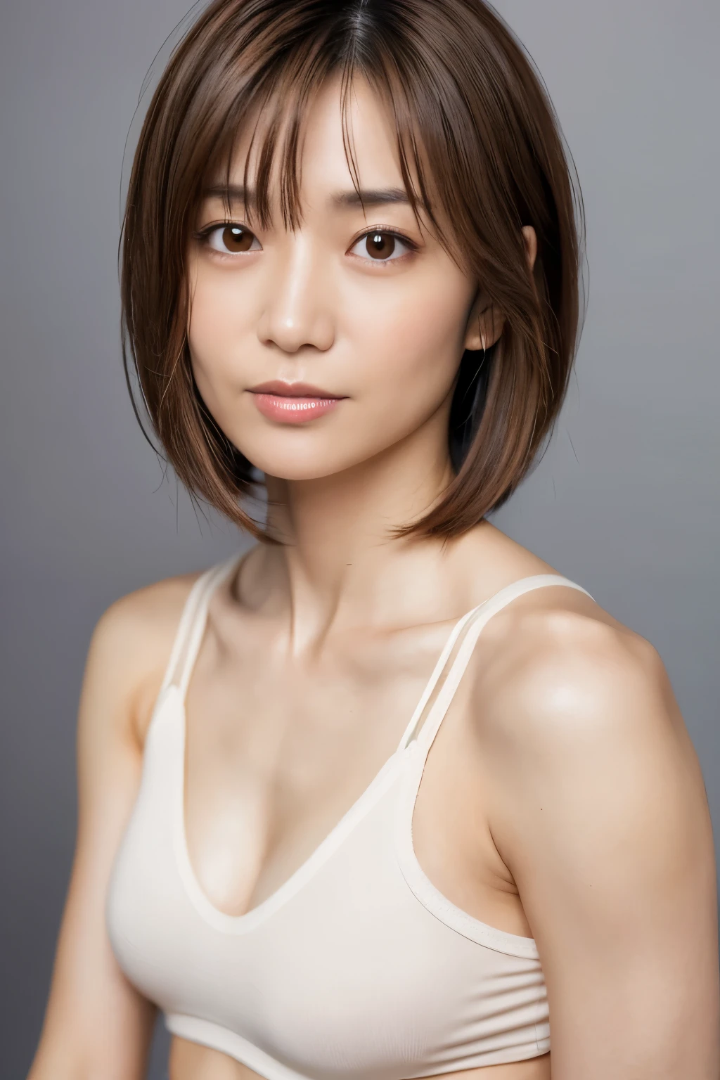 Japanese, short stature woman,  physique, short arm, long slit eyes, fleeting atmosphere, 30 year old, brown bob hair, ((thin lips)), white top and bottom underwear, musterpiece, best quality, detailed skin, detailed face, detailed eyes, 8K, good anatomy, upper body portrait