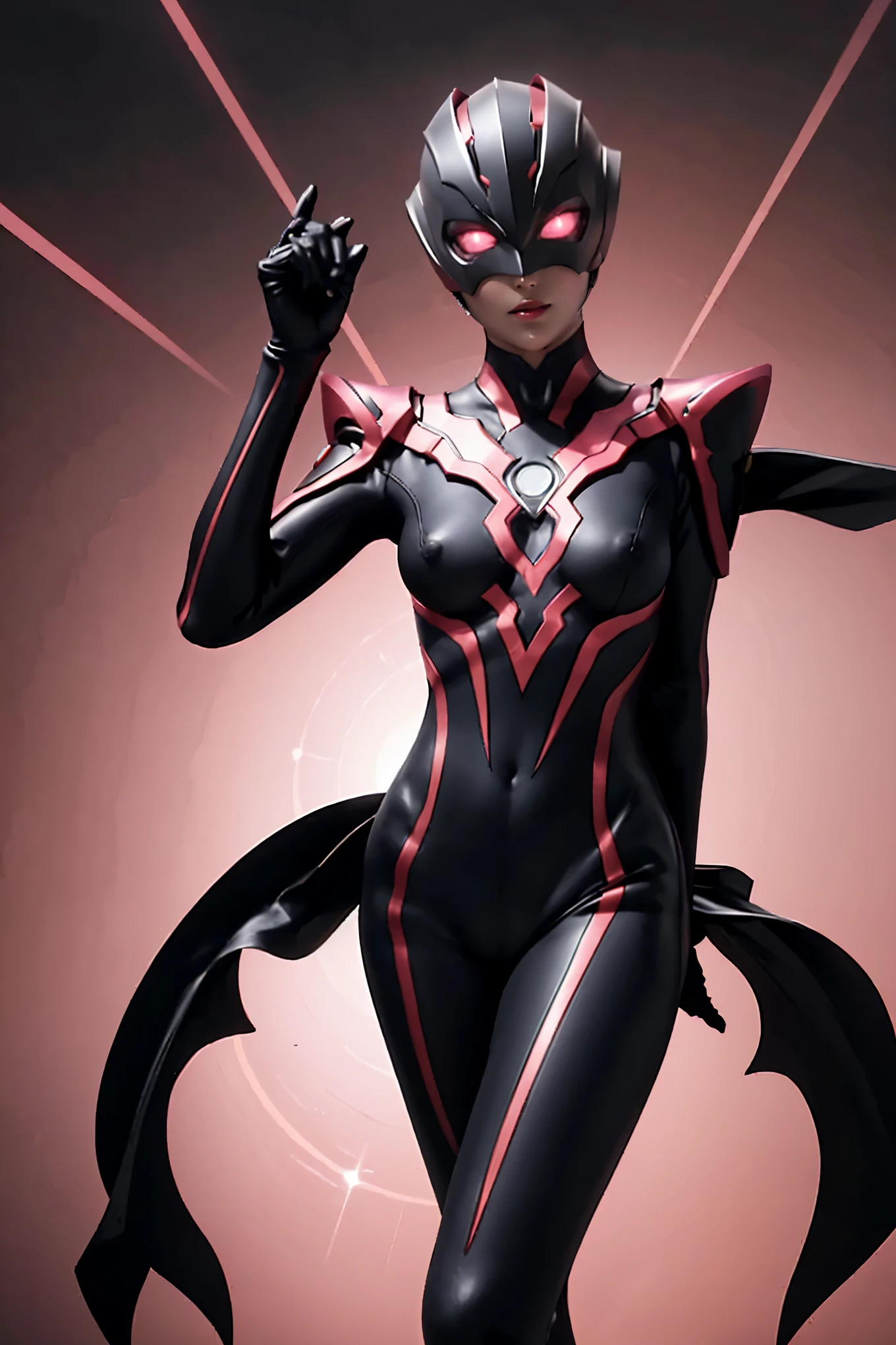 Ultraman Woman. (high quality)(luster)(Black and Pink thema color)(Black helmet. Black mask)women only. The whole body is covered with a black bodysuit. Spike decoration. Pink lines all over the body. dark background. Cameltoe. From below. Spread legs. show off groin. erected nipples. spread legs.