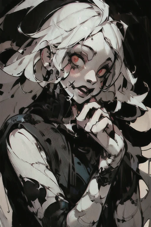 ((white hair girl))、scribble, nightmare, doll-like face, Cartoon style, rough sketch, Horror elements, (masterpiece), (High resolution), (Ultra delicate), (clear), Manga style illustration, (drawing style), Japanese painting, The whole body is scary, (Spooky), Japan sculpture,crazy illustration, Flat illustration, Spookyな外観, Characteristic hairstyle, Unique atmosphere、