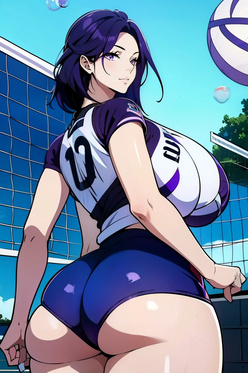 An anime-style artwork depicting acheron from the game Honkai star rail.

Tags: acheronhsr, anime, detailed eyes, detailed lips, (volleyball outfit : 1.4), smiling expression, intense gaze, glowing emblem on hand, dynamic pose,  outdoor, pool, vibrant colors, digital art, high-resolution, professional quality, gigantic breasts, curvy, cowboy shot, (gigantic breasts: 1.4), (purple eyes: 1.4), (blue hair: 1.6), short hair, curvy ass, (big butt : 1.4), (bubble butt : 1.4), from behind, back view