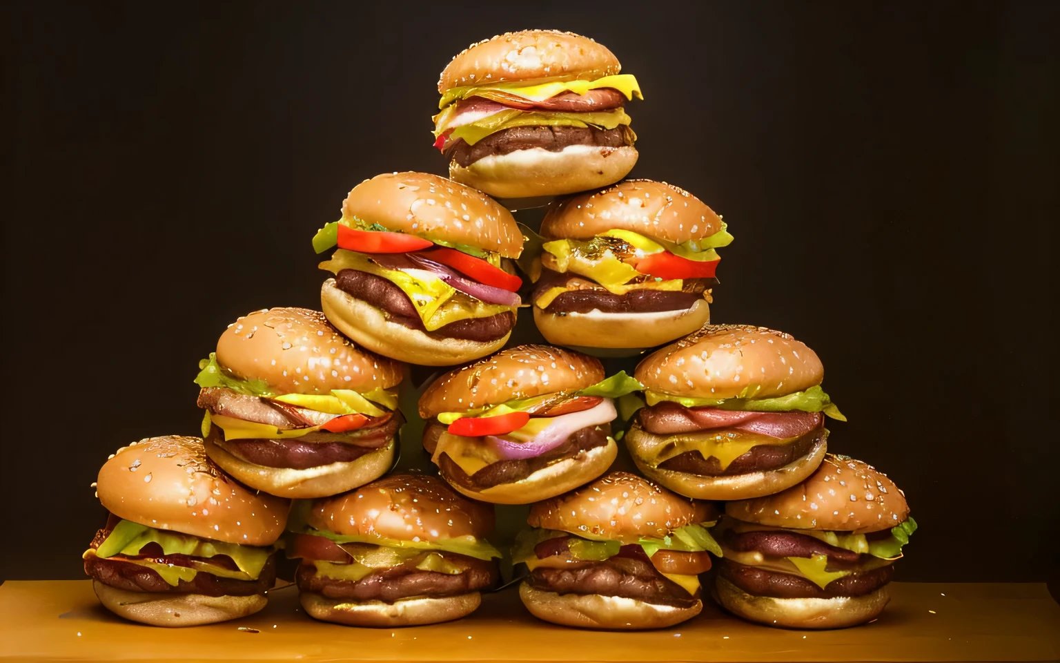 ((Realism, works) 10 hamburgers arranged together:1.1),looks very appetizing hamburger,HD photos,bright light,natural,real,16K,strong contrast,