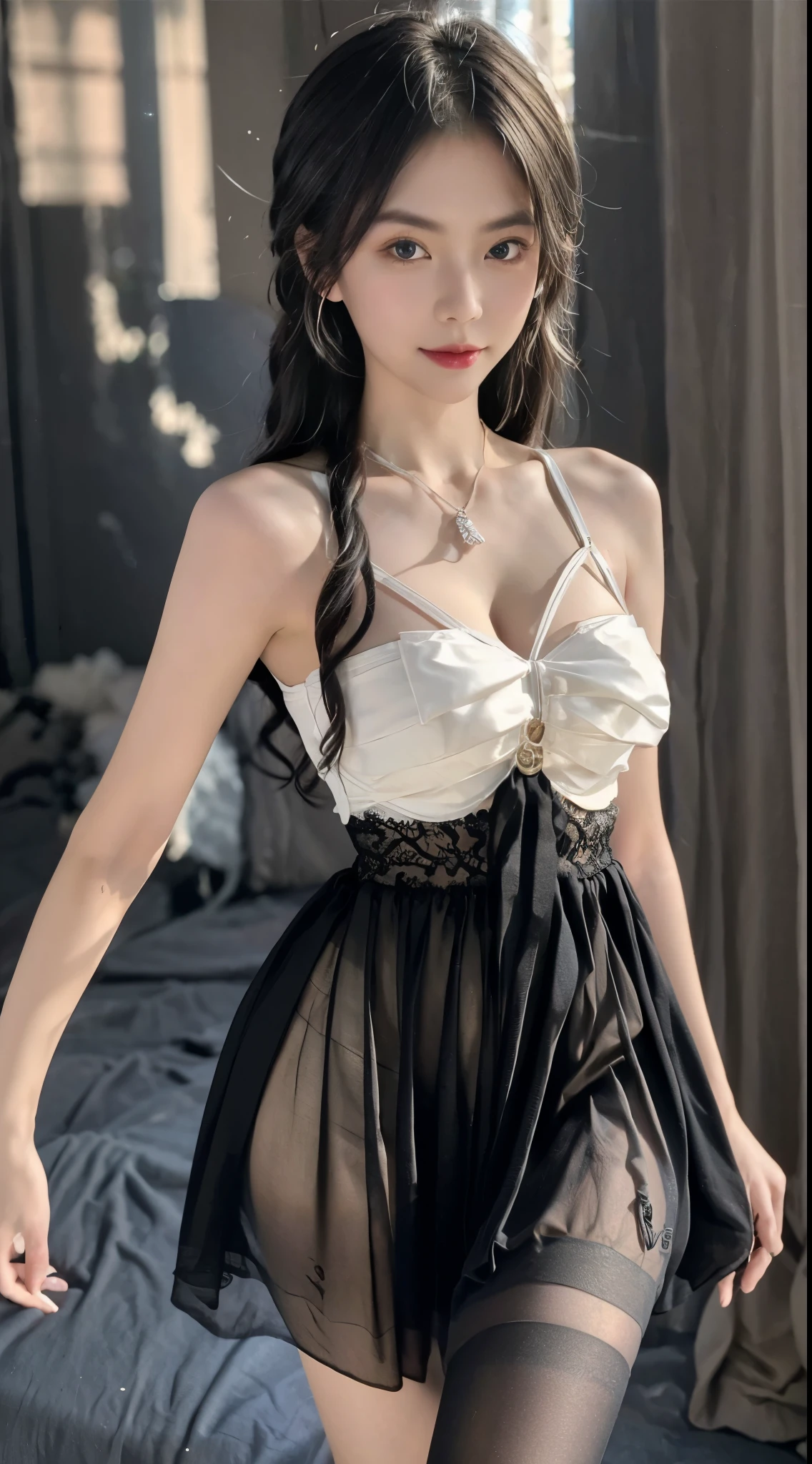 ((knee shot)), 8K, masterpiece, original photo, , best quality, detail:1.2),lifelike, Extremely detailed CG unified 8K wallpapers, Depth of Field, movie lights, lens flare, Ray Tracing, ((Bare shoulders)), ((The skirt is short)), (Extremely beautiful face, beautiful lips, beautiful eyes), intricate detail face, ((ultra detailed skin)) 1 girl, in the darkness, Deep Shadows, beautiful korean girl, korean trend idol,(Very slim figure:1.3), (bright smile), (City night, (Neon), (night), White Diamond Earrings, Diameter Bracelet, Dia NeckLace, Black pantyhose, Clear eyes, Walk , front Photo, Facing forward, (big eyes), ((Lace))