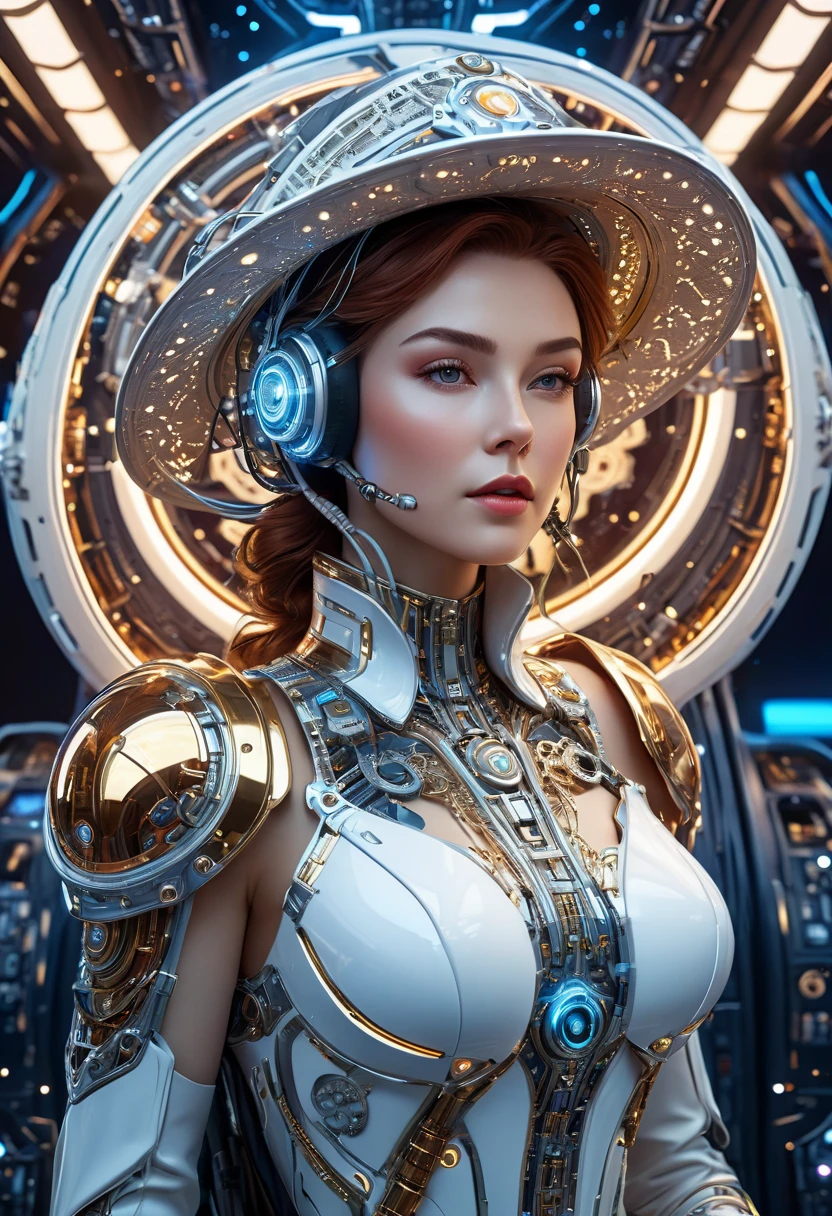 Complex 3D rendering ,Beautiful porcelain contoured mechanical Cowboy on spaceship, cyborg, integrated circuit parts, Cowboy hat, rim light, Vibrant details, Luxury Cyberpunk, lace, hyperactual, anatomical, cable wires, microchip, elegant, Starry Sky, Inside the spaceship, octane rendering, H. r. Fixture style, 8k, best quality, masterpiece, illustration, extremely delicate and beautiful, Very detailed ,CG ,unity ,wallpaper, (actual, photo-actual:1.37),amazing, Science Fiction, Exquisite details, Silver ead