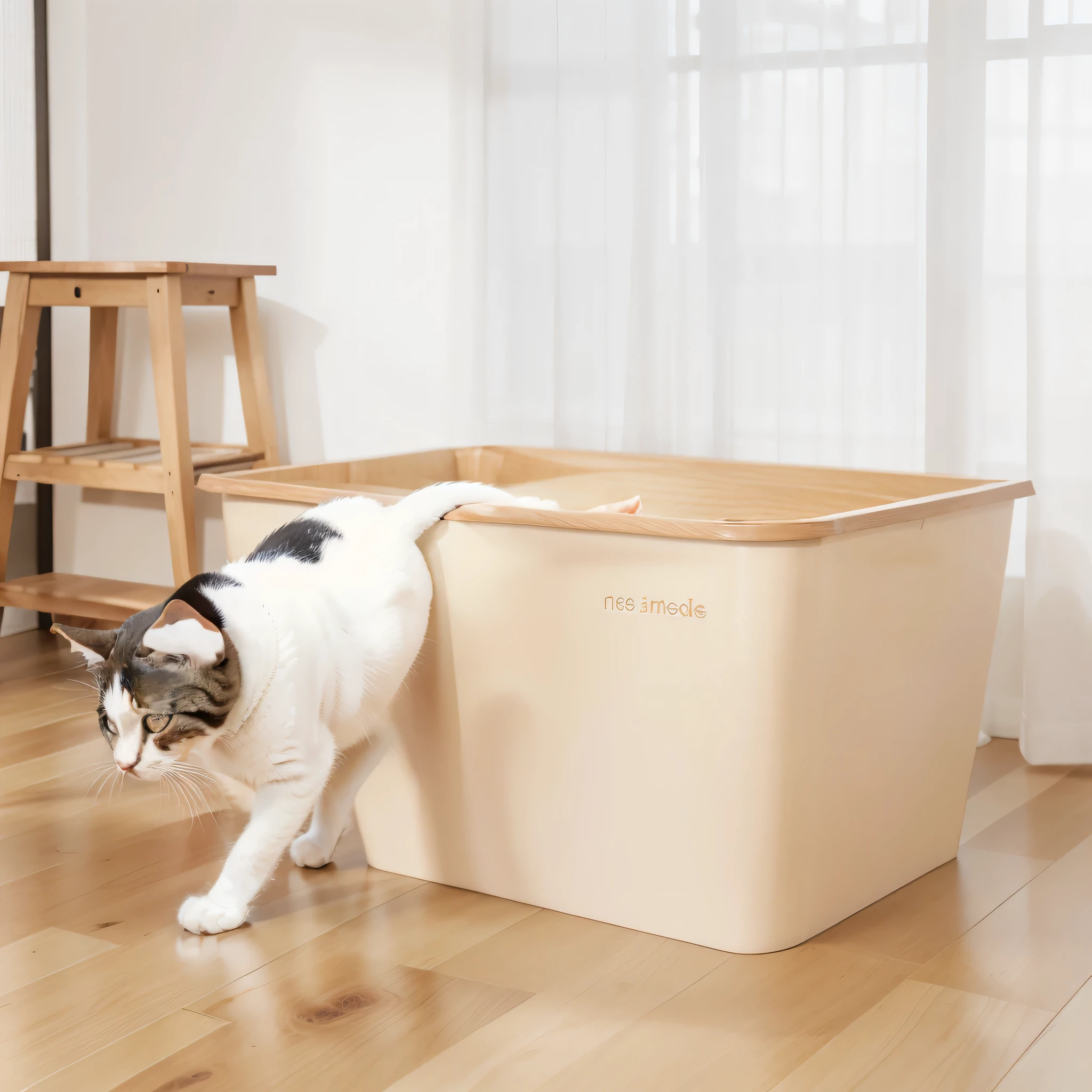 A cat walks out of a beige litter box,High quality pictures, Bottom Angle, the best, beast, a big one, detailed picture, Realistic and lifelike images, Product introduction photos, Designed for comfort and aesthetics!, [ Realistic photos ]!!, it&#39;s very big, Original wood color floor，Cosy interior，NatureLight and Shadow，Hyper-realistic scenes，Sense of luxury，Nature