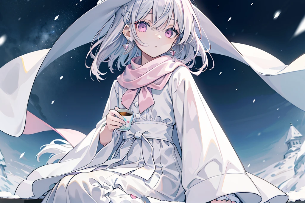 (best quality), (top-quality), (hight resolution), 8K images, (masterpiece), ((perfect face)), (detailed face), (detailed eyes), (clear lines), hair strand,Light skin, ((1girl)), (solo), beautiful fantasy anime, top rated on pixiv, ((short hair)), (expressive eyes), (perfect eyes), (((light_pink eyes))), perfect face, tired, (white silver hair), (white hair), braided bangs, wind blowing hair, hair over eyes, earrings, {{{{{{{super flat chest}}}}}}}, {{{{{{{flat chest}}}}}}}, (flat chest)，winter outfit, White Gothiclolita，pink bows，white fur cloak, Full body like，Long scarf, white winter hat, starry night，at winter season，Award-winning photo，extremely detailed，finely detailled, snowy street, snow storm, cozy winter, strong wind, sitting, holding a cup of hot tea