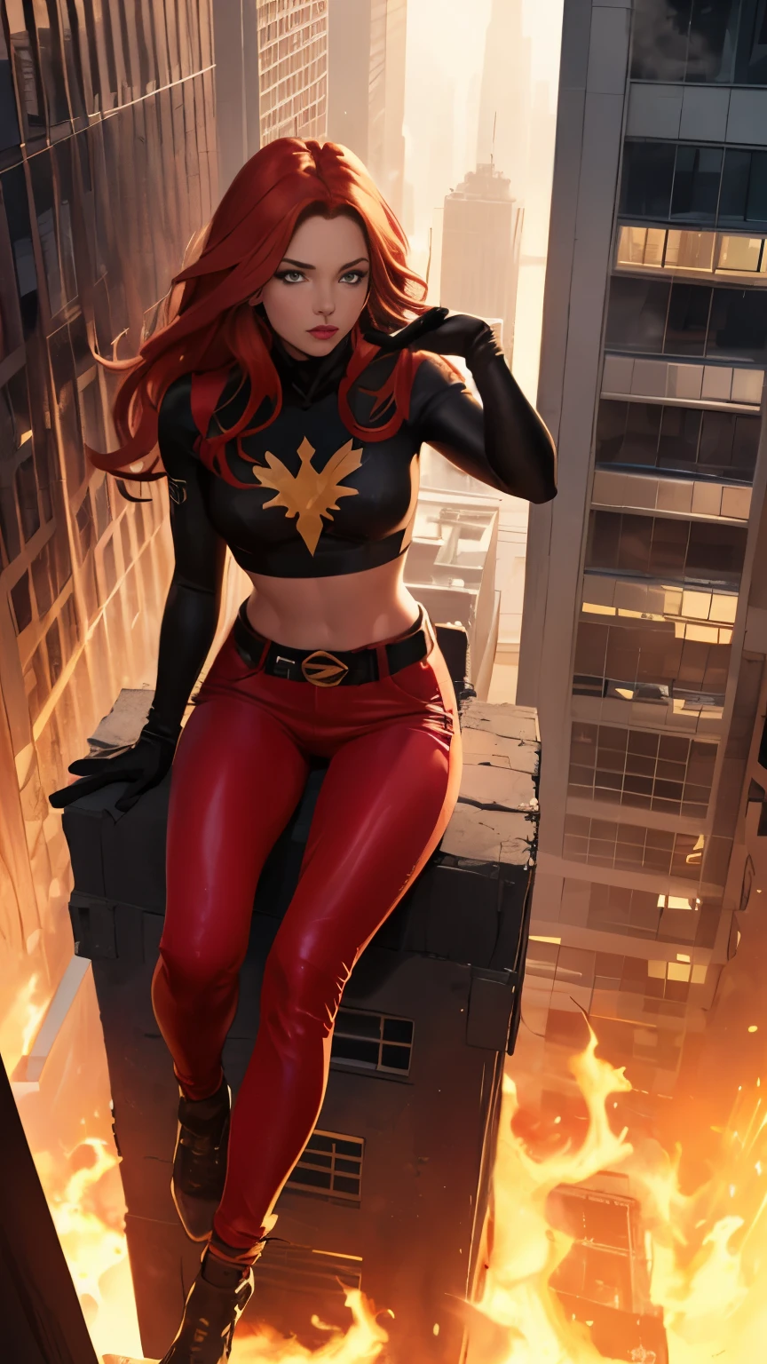 (Highly quality, masterpiece, detailed), burning city detailed scenario, burning city detailed background, jean-grey, belt, red leather crop top, gloves, Phoenix symbol on chest, red leather pants, sitting on top of a building, navel, perfect face, beautiful eyes, looking at the viewer, Sexy pose