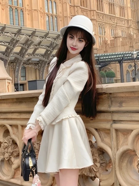 Araffe woman in white dress and hat poses for photo, Sailor suit with loose collar, Sazi, Wear a jacket and skirt., (digital art), White skin as pale as snow, white suit and hat, cute woman, white fat suit, White trendy clothes, moderate, A tight, smooth white suit., 💣 💥, 2 days CG, Ulzzang