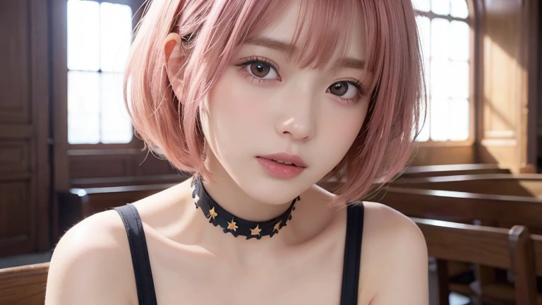 (Bob Cut Hair, Pink Hair:1.2),(wearing a choker, Wearing a blouse:1.2),1 girl,Japanese,21 years old,(Small breasts:1.3),(highest quality,masterpiece:1.3,超A high resolution,),(Very detailed,Caustics),(Photorealistic:1.4,RAW shooting,)Ultra-Realistic Capture,very detailed,High resolution 16K human skin close-up。 Natural skin texture、,Pores、、、、、、It must be detailed enough to be easily identifiable。 Skin should be even-toned and healthy looking。 Use natural light and colour, Sad expression, Look at the camera, Perfect dynamic composition, inside the church