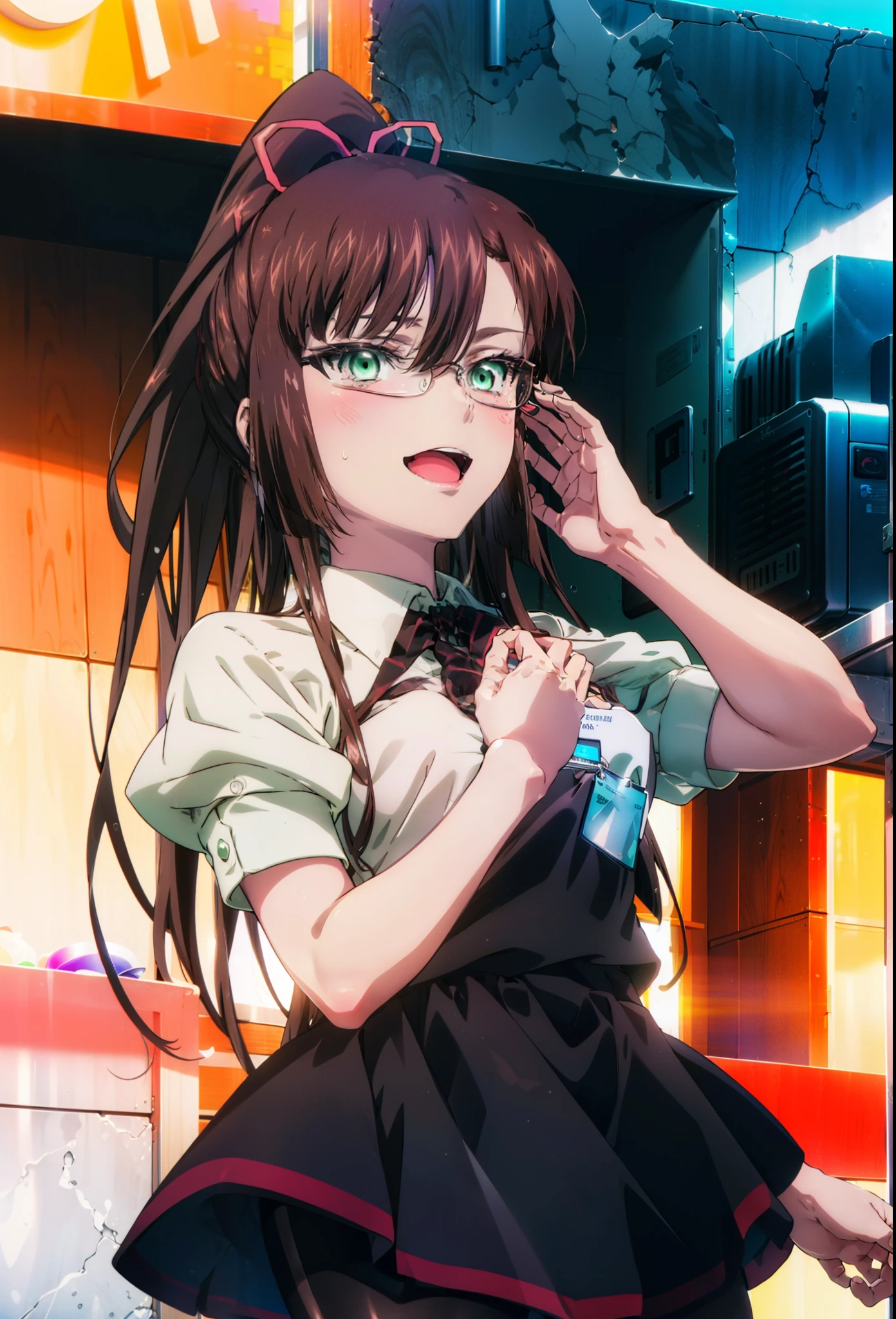 masterpiece, highest quality, High resolution, 1girl Sayaka Kirasaka,Black Hair,Long Hair,Green Eyes,happy smile, smile, Open your mouth, High Ponytail Hair Ribbon, OL, Red glasses, end, black suit jacket, collared jacket, White dress shirt, Collared shirt, neckline, button, strap, ID card on neck, Black pencil skirt, black pantyhose,Stiletto heels, evening,sunset,The sun is setting,City Street,Building district,(Cowboy Shot:1. 5)(masterpiece:1.2), highest quality, High resolution, unity 8k wallpaper, (shape:0.8), (Beautiful and detailed:1.6), Highly detailed face, Perfect lighting, Highly detailed CG, (Perfect hands, Perfect Anatomy),