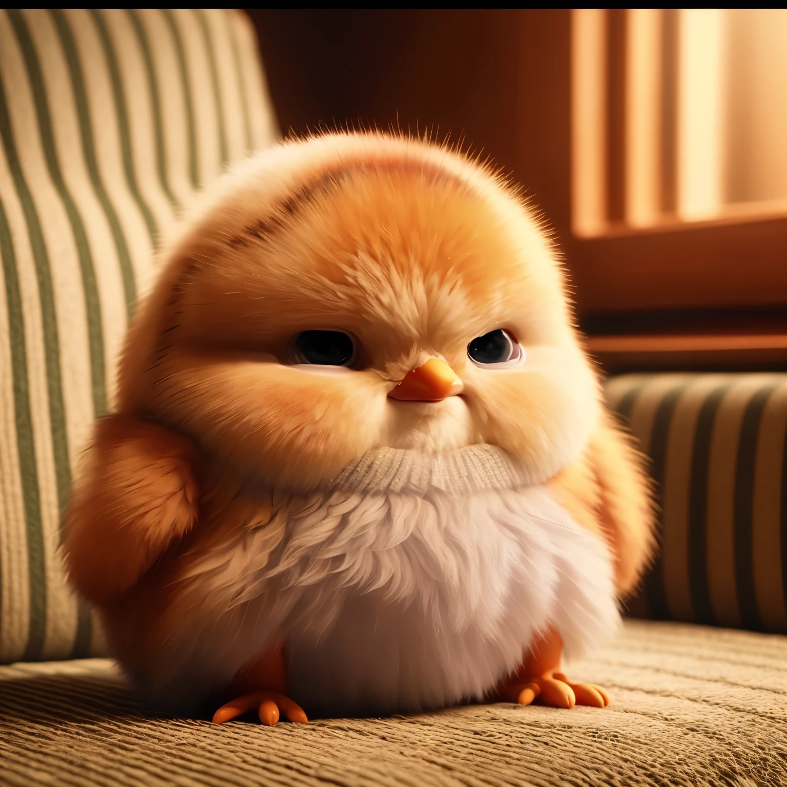 There is a little bird sitting on the sofa,With a sad expression on his face, Cute Pixar characters, Soft but grumpy, Angry 8k, Angry expression, Cute numbers, angry expression, Angry expressioning, frown, Pouting look :: Octane Rendering, he was angry, angry, Frames in Pixar movies, As a Pixar character, frown expression