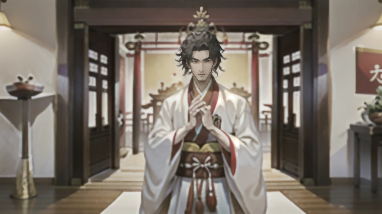 (1boy),(White Robe),hanfu,Inside a Chinese style room, (Bow your head:1.4),Boxing ceremony,Referring to the image of \(Zhu_ge_Liang\),(The inspiration comes from the Records of the Three Kingdoms, and the inspiration comes from the image of \(Zhu_ge_Liang\)),full_body,(The tall door behind,The Open Door),best quality,ultra-detailed,masterpiece,hires,8k,stand up,pixel art,