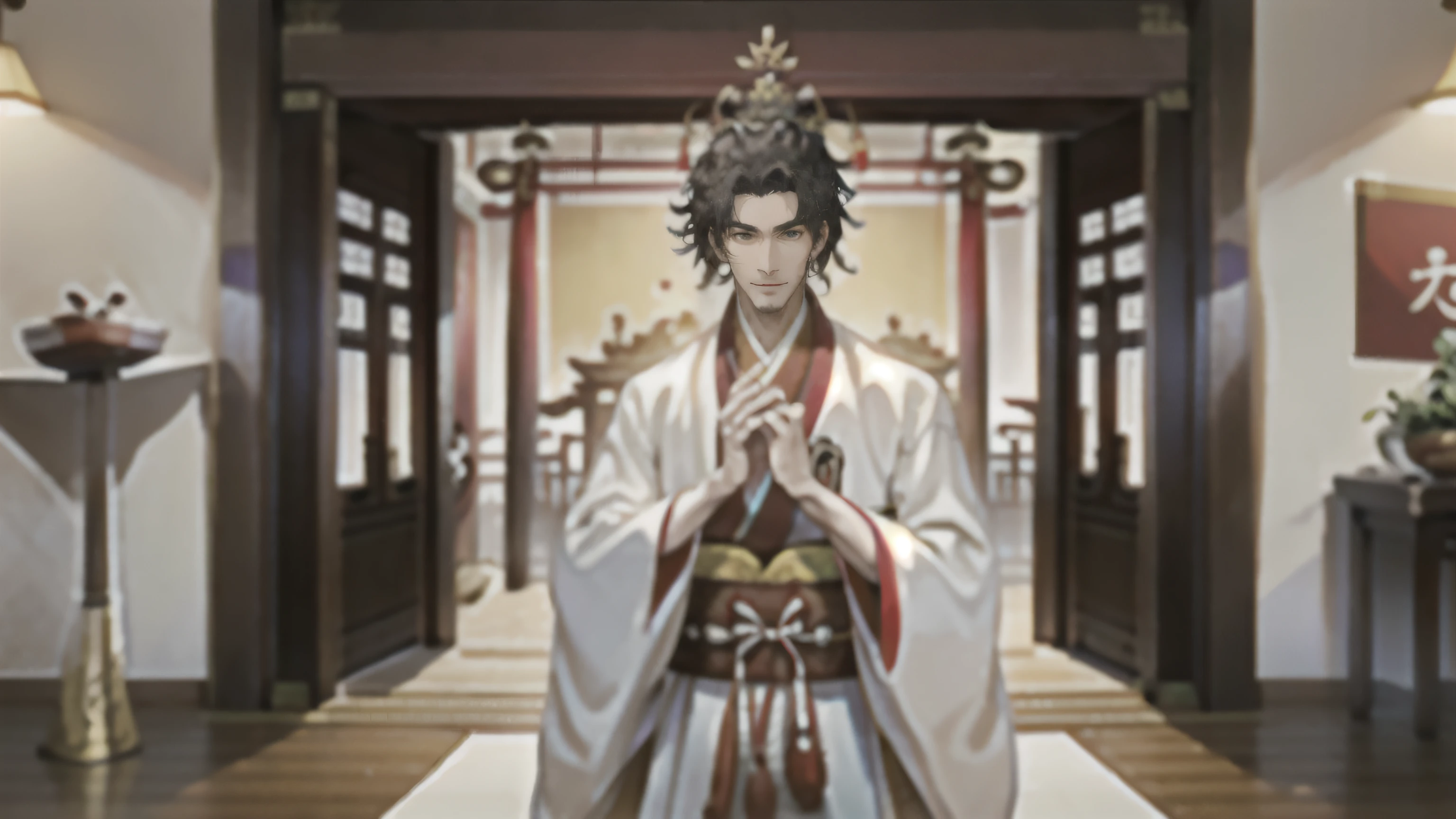 (1boy),(White Robe),hanfu,Inside a Chinese style room, (Bow your head:1.4),Boxing ceremony,Referring to the image of \(Zhu_ge_Liang\),(The inspiration comes from the Records of the Three Kingdoms, and the inspiration comes from the image of \(Zhu_ge_Liang\)),full_body,(The tall door behind,The Open Door),best quality,ultra-detailed,masterpiece,hires,8k,stand up,pixel art,