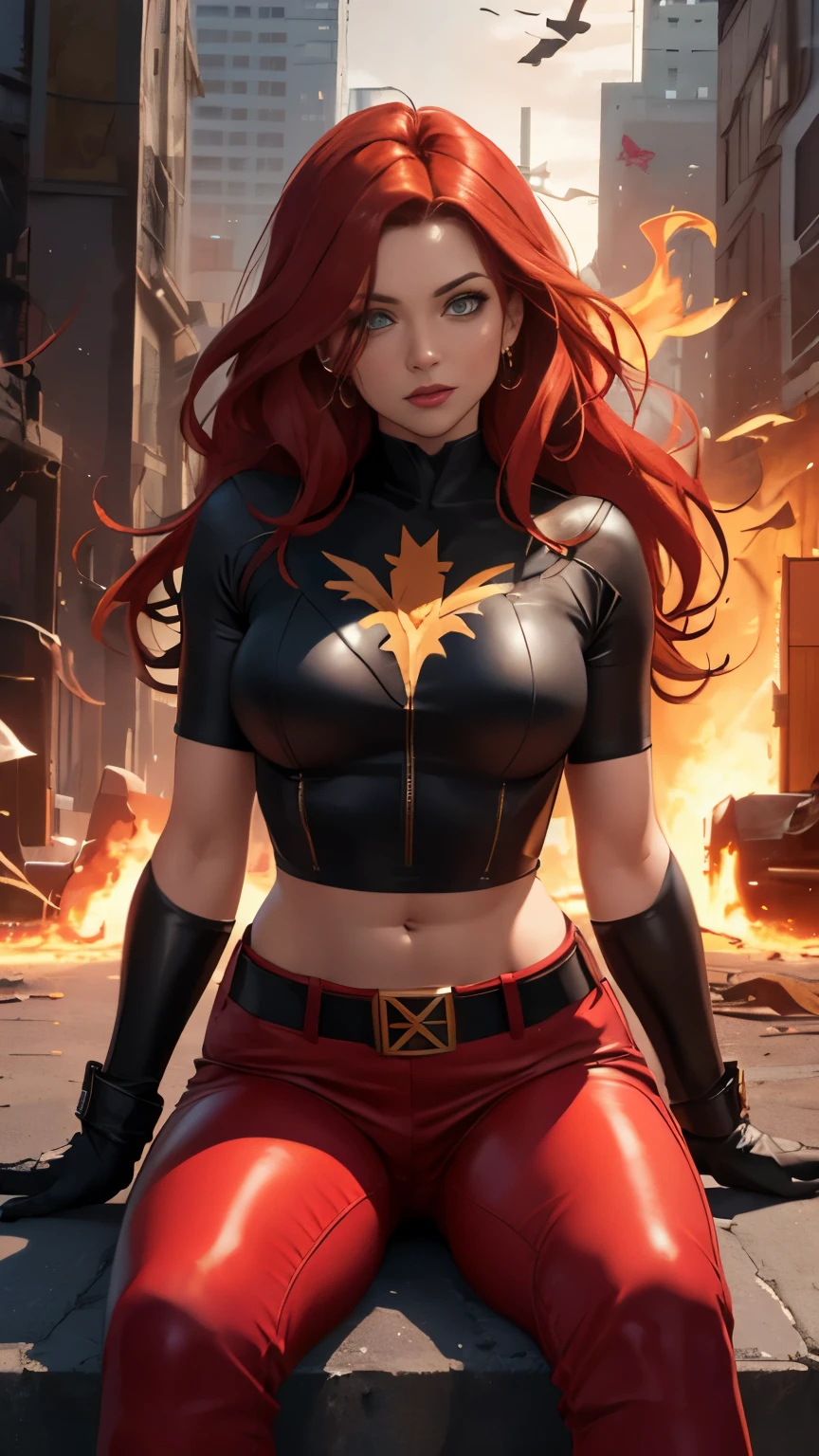 (Highly quality, masterpiece, detailed), burning city detailed scenario, burning city detailed background, jean-grey, belt, red leather crop top, gloves, Phoenix symbol on chest, red leather pants, sitting on top of a building, navel, perfect face, beautiful eyes, looking at the viewer, Sexy pose