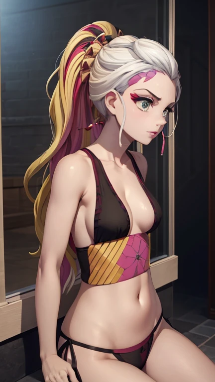 Imagen de cuerpo completo, Obra maestra, La mejor calidad, Altas Resoluciones, daki-def, daki-blanco, 1 chica, solamente, Cabello largo, senos muy grandes, Mirando al espectador, They're smiling, adorno para el cabello, muslosaltos, ombligo, escote, senos muy grandes,, Pelo muy largo, boca cerrada, cana, cabello multicolor, marca facial, Palillo para el cabello, (piel agrietada:1.4), ojos-daki, bathroom bathroom, desnudo, senos grandes, Axilas, barriga, pezones, noche, cama, casa