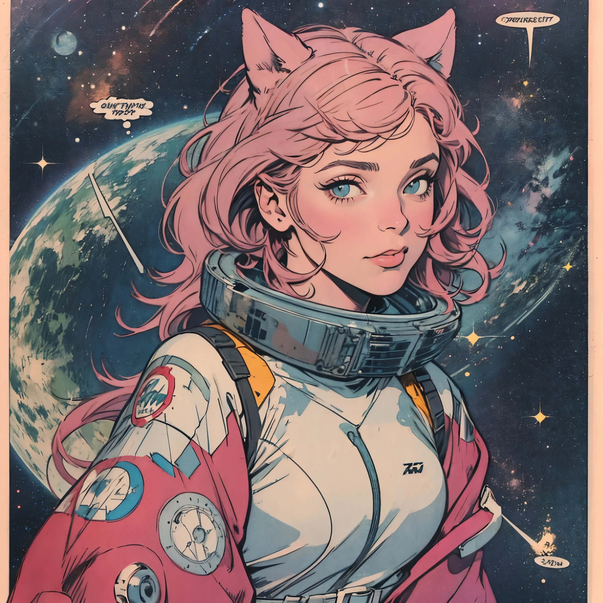 ultimate best quality,beautiful woman,speech bubble,big brest,galaxy,60s,70s,80s,cat,colorful,cosmo,space,