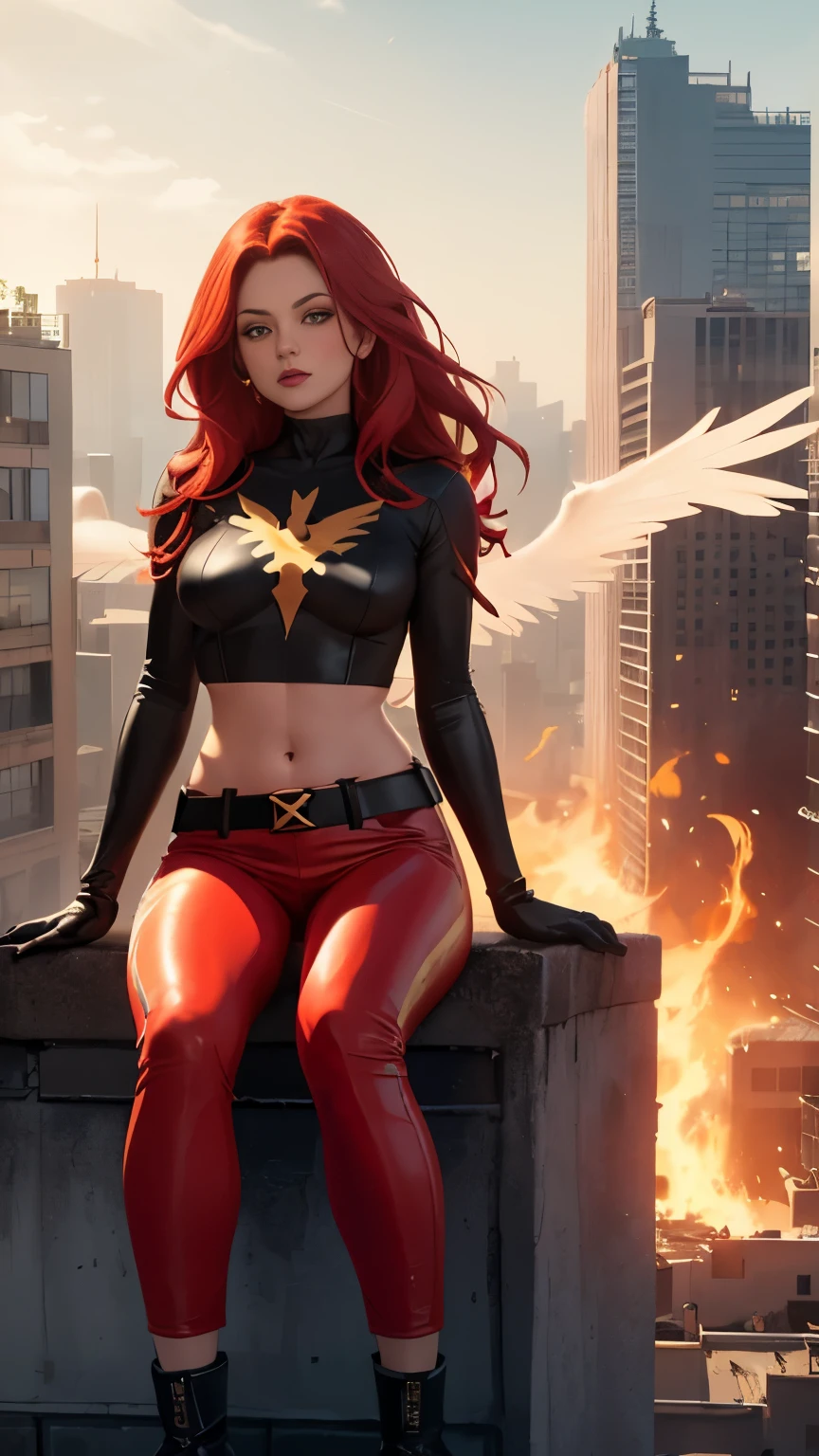 (Highly quality, masterpiece, detailed), burning city detailed scenario, burning city detailed background, jean-grey, belt, red leather crop top, gloves, Phoenix symbol on chest, red leather pants, sitting on top of a building, navel, perfect face, beautiful eyes, looking at the viewer, Sexy pose