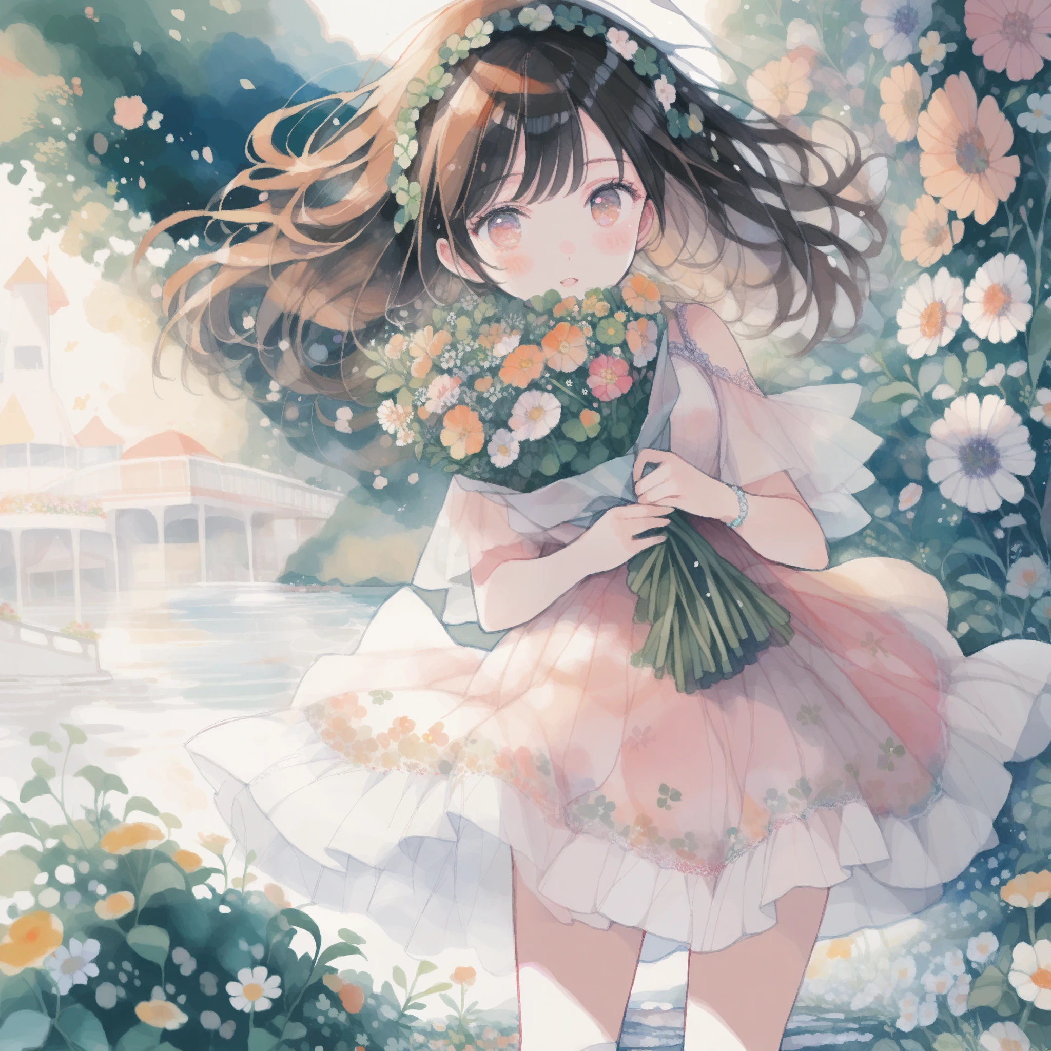 1girl,Brown Hair,clover wreath、have a bouquet、woman wearing a dress、Flower Field、tegaki, (watercolor painting:1.3), detailed、8K、ultra-detailed、light leaks