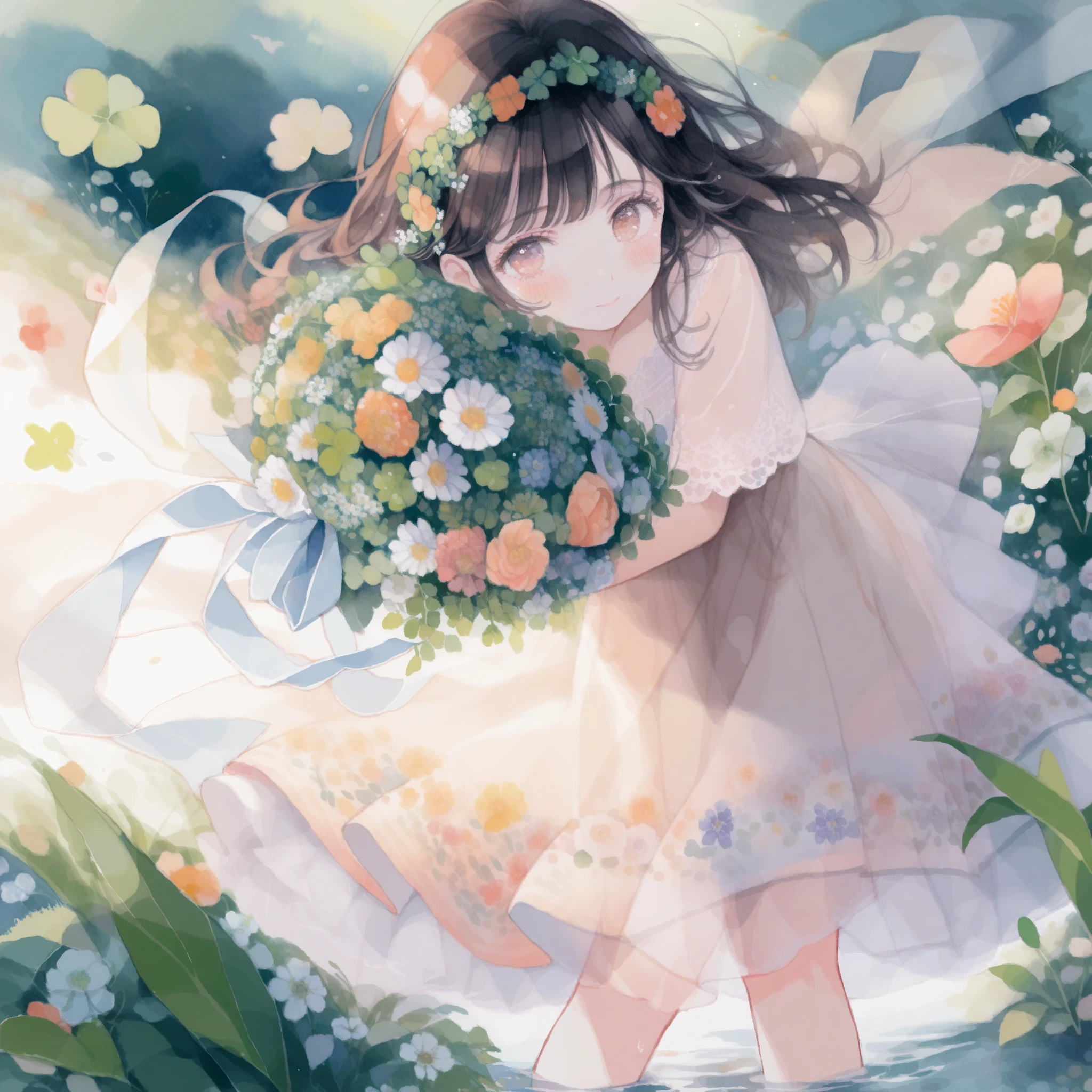1girl，Brown Hair，clover wreath、have a bouquet、woman wearing a dress、Flower Field、tegaki, (watercolor painting:1.3), detailed、8K、ultra-detailed、light leaks