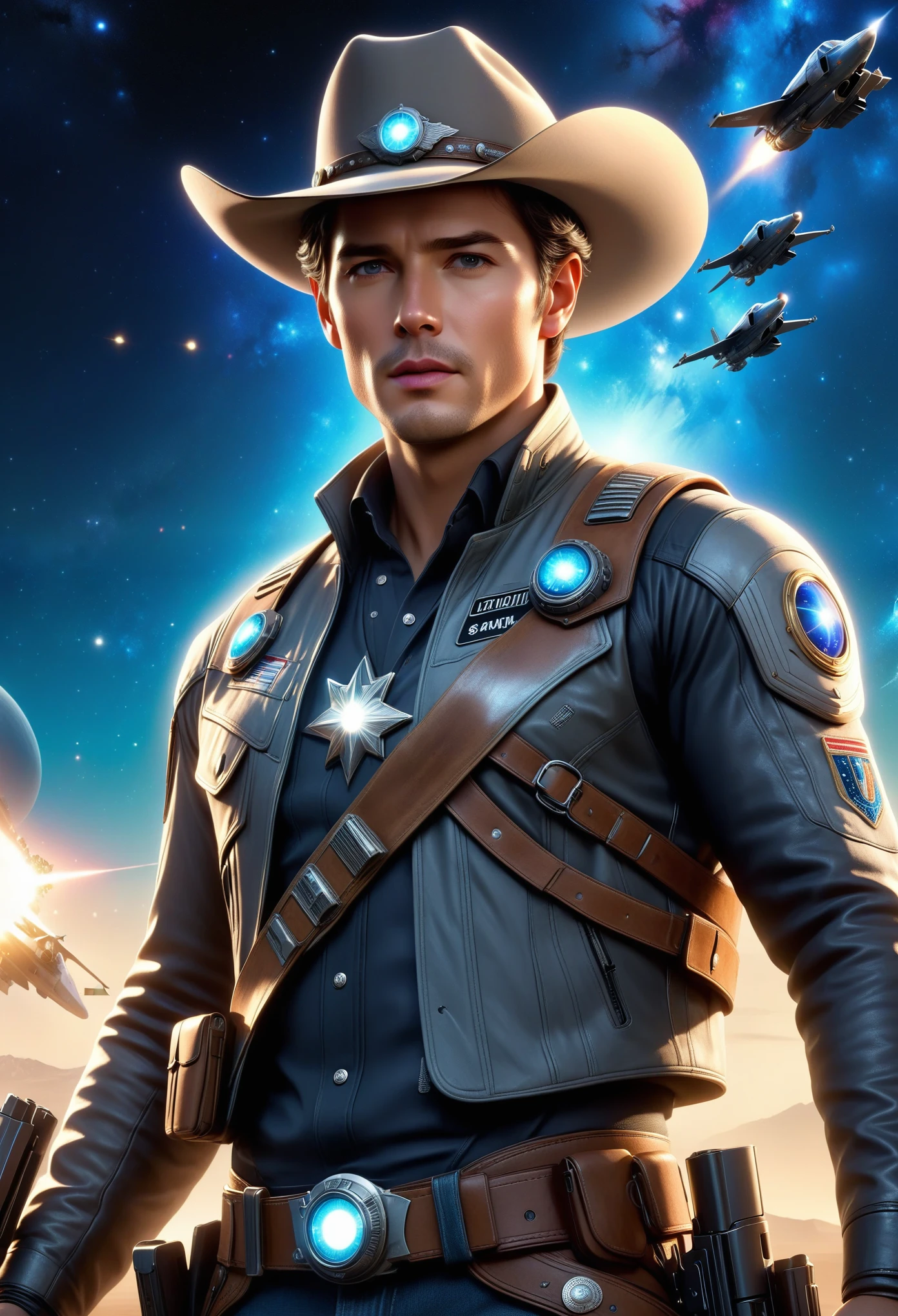 (best quality,4k,8k,highres,masterpiece:1.2),ultra-detailed,realistic,galaxy,interstellar,handome face,detailed eyes,detailed lips,cowboy aviation outfit,cowboy hat,technological clothing,light-emitting outfit.Hold a gun in both hands，