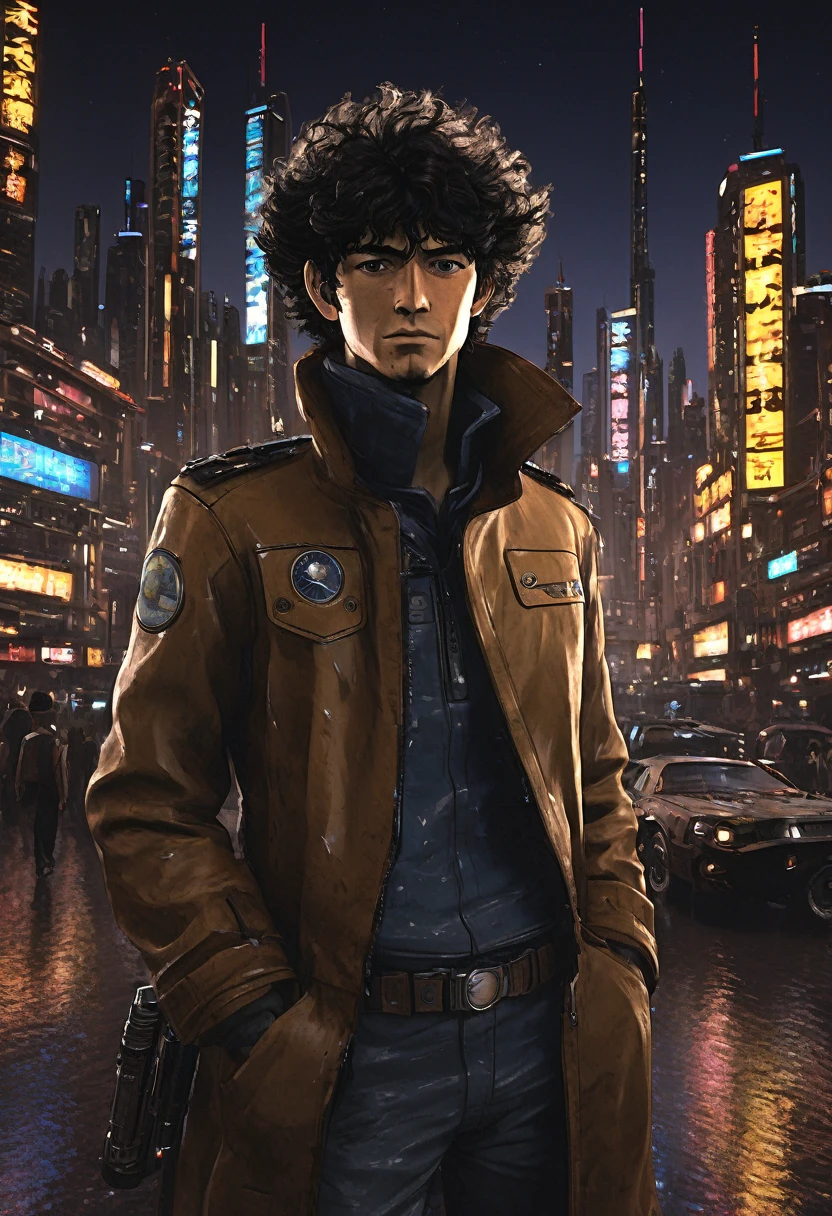 1boy, Spike Spiegel, Cowboy Bebop, brown eyes, smile, black hair, cbbebop, cbbebop spaceship, (best quality,4k,8k,highres,masterpiece:1.2),ultra-detailed,(realistic,photorealistic,photo-realistic:1.37),worn-out,post-apocalyptic,gritty,dark-colored,retro,sci-fi,cyberpunk,anime,neon lights,deserted city,chrome,synthetic materials,weathered leather,sleek spaceships,explosions,looming skyscrapers,vivid colors,futuristic technology,dystopian landscape,moonlit sky,cigarette smoke,detectives in long coats,mystery-filled,elegant jazz music,loneliness and nihilism,pastel colors and sunsets,blurred backgrounds,hard-boiled antiheroes,gritty gunfights,interstellar bounty hunters,dramatic city skylines,stylized visuals of city life,edgy graffiti,expressive facial expressions,action-packed chase scenes,cool and confident characters,retro-futuristic architecture,cinematic camera angles,provocative and thought-provoking compositions