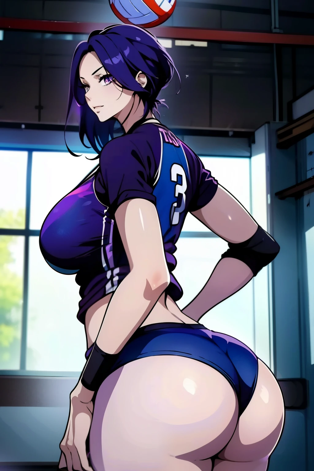 An anime-style artwork depicting acheron from the game Honkai star rail.
Tags: acheronhsr, anime, detailed eyes, detailed lips, (volleyball outfit : 1.4), midriff, smiling expression, intense gaze, glowing emblem on hand, dynamic pose, indoor, locker room, vibrant colors, digital art, high-resolution, professional quality, gigantic breasts, curvy, cowboy shot, (gigantic breasts: 1.4), (purple eyes: 1.4), (blue hair: 1.6), short hair, curvy ass, (big butt : 1.4), (bubble butt : 1.4), from behind, back view