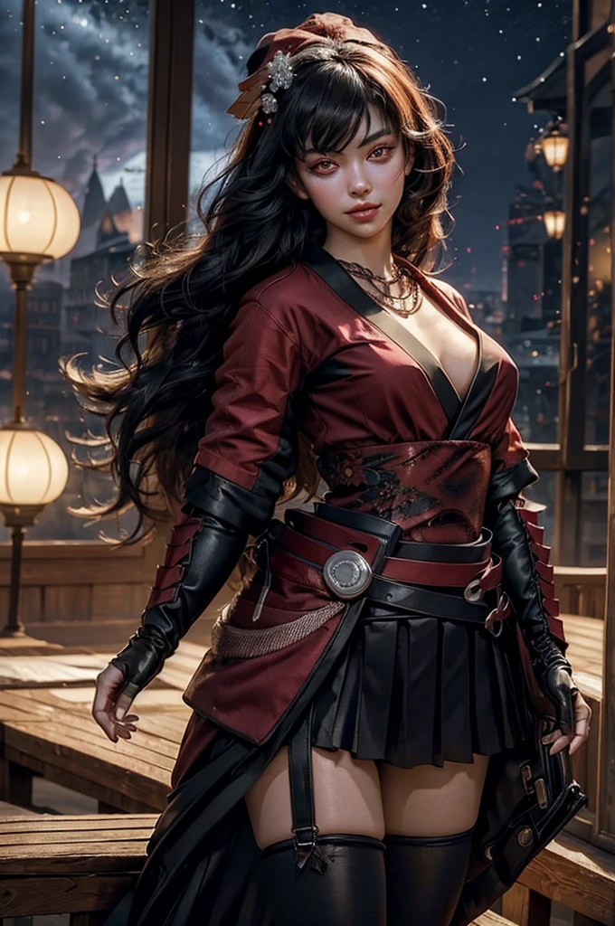 stunning girlfriend, (standing:1.1), dynamic pose, heart shaped face, elegant face, beautiful face, highly detailed face, highly detailed skin, skin pores, subsurface scattering, realistic pupils, loving smile, looking at viewer, full face blush, full lips, detailed background, depth of field, atmospheric perspective, volumetric lighting, sharp focus, absurdres, realistic proportions, good anatomy, (realistic, hyperrealistic:1.4), 16k hdr, 1girl, bangs, black_hair, black_kimono, breasts, flower, hair_between_eyes, hair_flower, hair_ornament, japanese_clothes, thighhighs kimono, long_hair, looking_at_viewer, multicolored_hair, night, stars, obi, red_eyes, red_hair, sash, evening, standing, in palace library, tall windows, glass floor, crowd