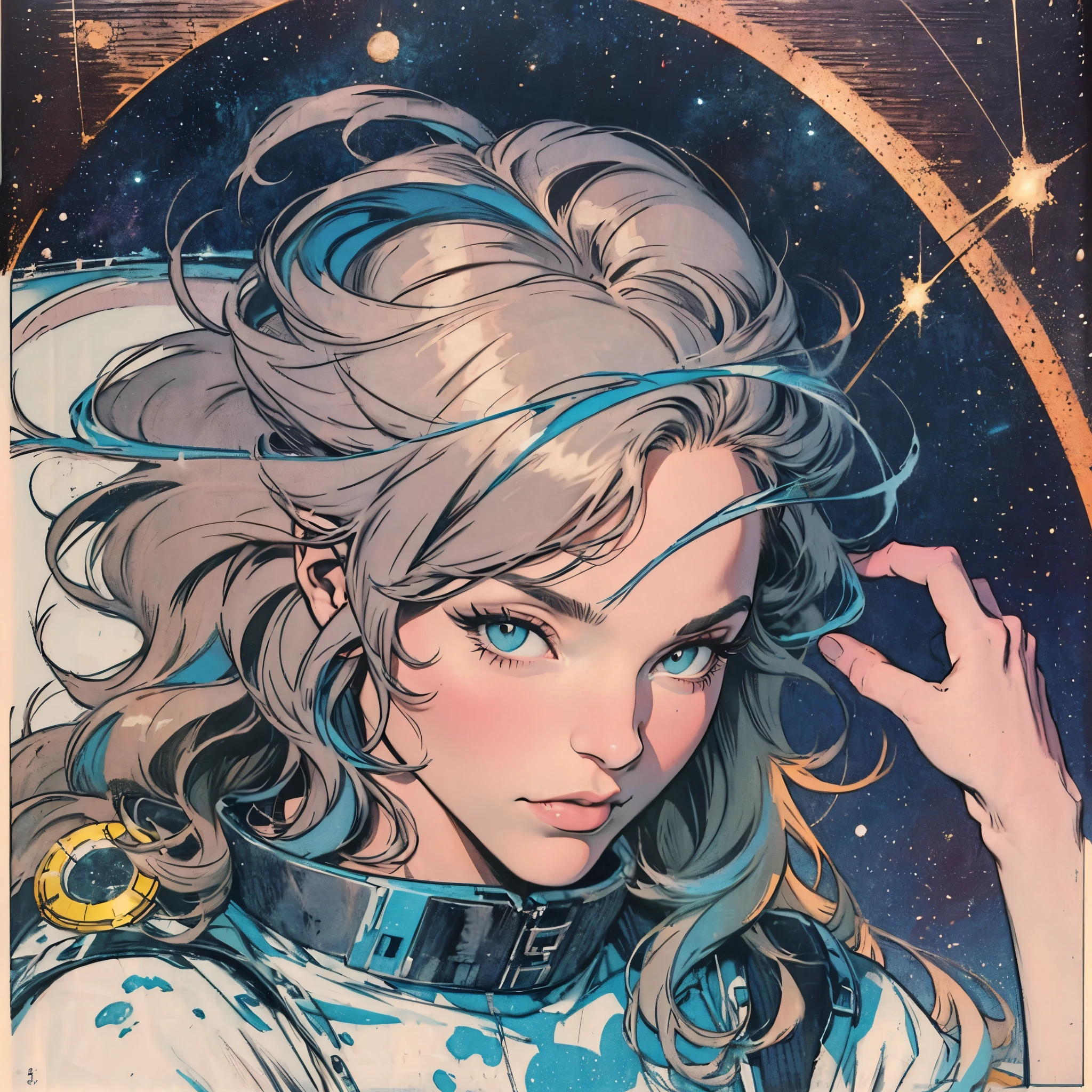 ultimate best quality,beautiful woman,speech bubble,big brest,galaxy,60s,70s,80s,cat,colorful,cosmo,space,