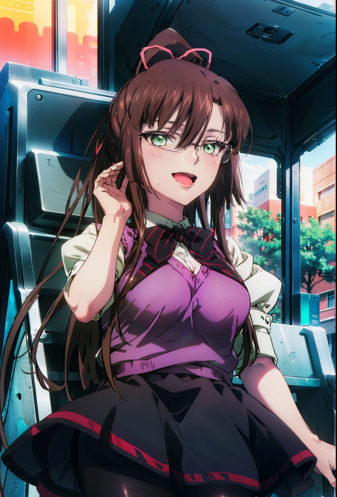 masterpiece, highest quality, High resolution, 1girl Sayaka Kirasaka,Black Hair,Long Hair,Green Eyes,happy smile, smile, Open your mouth, High Ponytail Hair Ribbon, OL, Red glasses, end, black suit jacket, collared jacket, White dress shirt, Collared shirt, neckline, button, strap, ID card on neck, Black pencil skirt, black pantyhose,Stiletto heels, evening,sunset,The sun is setting,City Street,Building district,(Cowboy Shot:1. 5)(masterpiece:1.2), highest quality, High resolution, unity 8k wallpaper, (shape:0.8), (Beautiful and detailed:1.6), Highly detailed face, Perfect lighting, Highly detailed CG, (Perfect hands, Perfect Anatomy),