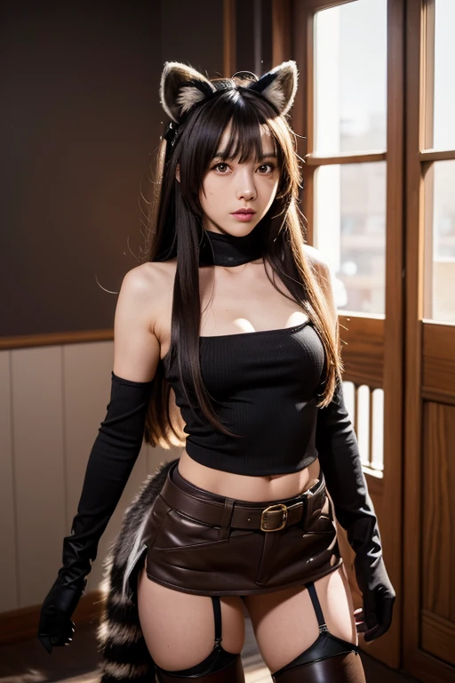rafa, Raccoon Ears, Raccoon Girl, Animal ears, Long Hair, brown hair, raccoon tail, tail, gloves, brown gloves, belt, thigh high boots, Knee socks, zettai ryouiki, Red ribbon, masterpiece, highest quality, alone, movie lighting, View your viewers, whole body