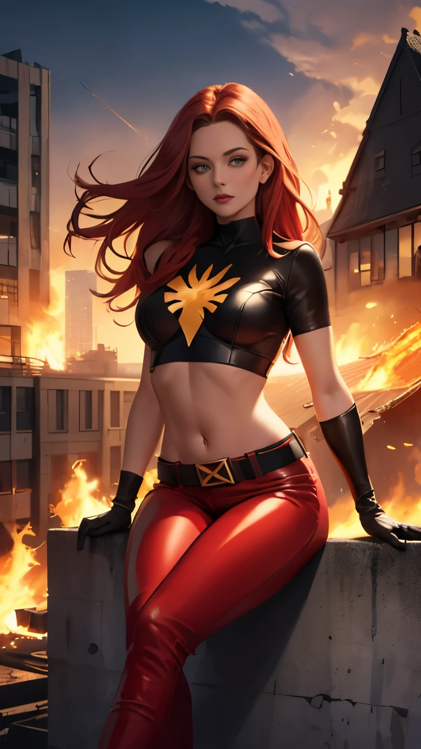 (Highly quality, masterpiece, detailed), burning city detailed scenario, burning city detailed background, jean-grey, belt, red leather crop top, gloves, Phoenix symbol on chest, red leather pants, sitting on top of a building, navel, perfect face, beautiful eyes, looking at the viewer, Sexy pose