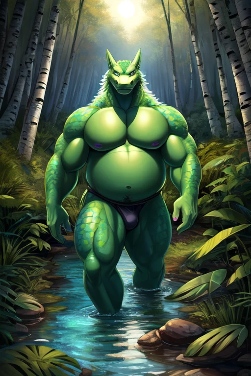 ((best quality)), ((masterpiece)), (detailed), perfect face, perfect eyes, Furry, Swamp Monser, No discernable species, fictional species, fantastical species, species obscured by plants covering them, big pecs, broad shoulders, musclegut, defined abs, implied nudity, emerging out of swamp water, lustful, dominant, horny, vivid colors, pastel colors, soft shading, Liminal space, dream core, nostalgia core, Anemoia, Kenopsia, birch forest, bog setting, looking at viewer, predatory look in eyes, walking towards viewer, crotch obscured by water, vaguely draconic, resembling an an anaconda, resembling a sergal, art by dream and nightmare, art by rubberbuns, art by Haps, art by Dramamine