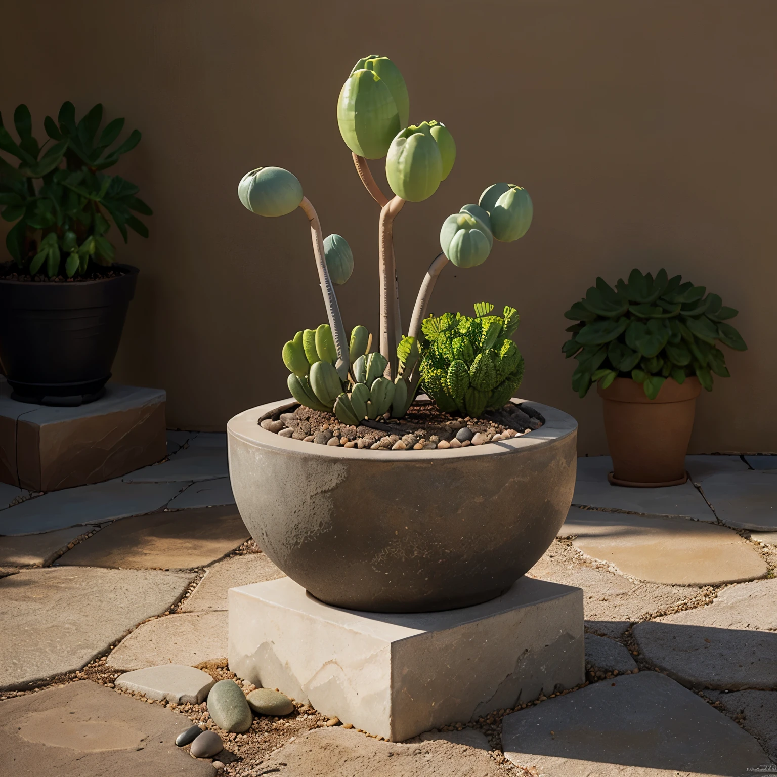 Generate a hyperrealistic artwork depicting a masterpiece of lithops divided in the pot, resembling the structure of a chell. Ensure the lithops showcase beautiful colors that captivate the viewer's attention. The repetition of the division process should convey a sense of time passing and transformation, creating a visually striking composition.