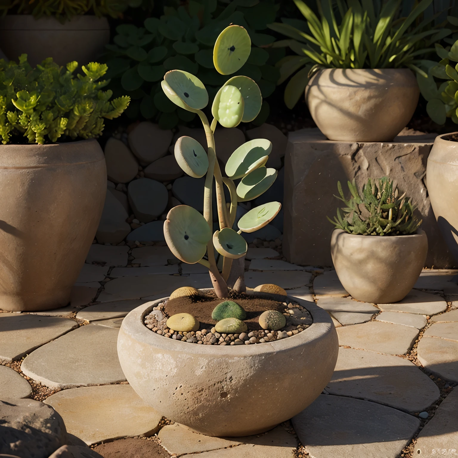 Generate a hyperrealistic artwork depicting a masterpiece of lithops divided in the pot, resembling the structure of a chell. Ensure the lithops showcase beautiful colors that captivate the viewer's attention. The repetition of the division process should convey a sense of time passing and transformation, creating a visually striking composition.