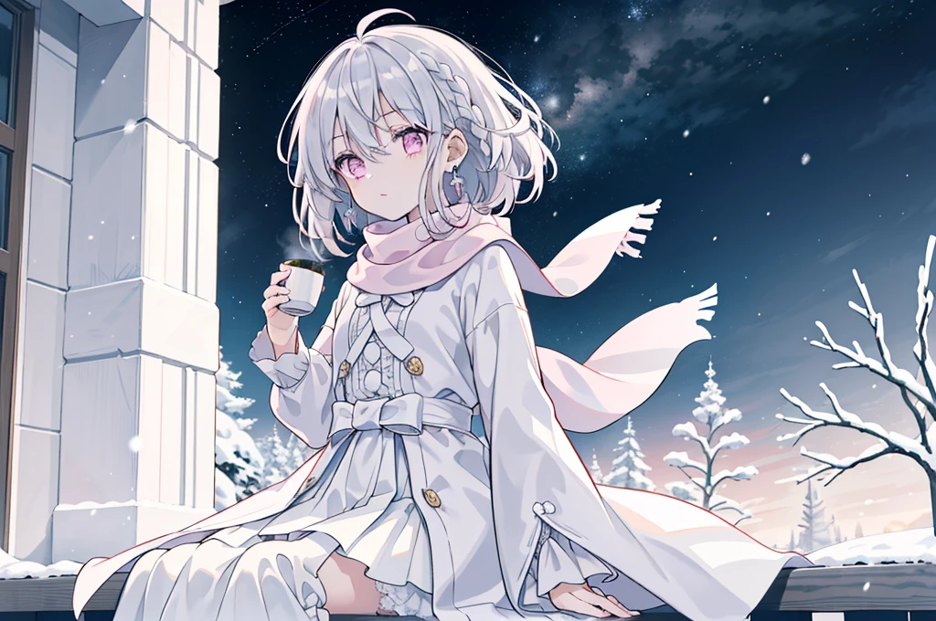 (best quality), (top-quality), (hight resolution), 8K images, (masterpiece), ((perfect face)), (detailed face), (detailed eyes), (clear lines), hair strand,Light skin, ((1girl)), (solo), beautiful fantasy anime, top rated on pixiv, ((short hair)), (expressive eyes), (perfect eyes), (((light_pink eyes))), perfect face, tired, (white silver hair), (white hair), braided bangs, wind blowing hair, hair over eyes, earrings, {{{{{{{super flat chest}}}}}}}, {{{{{{{flat chest}}}}}}}, (flat chest),winter outfit, White Gothiclolita,pink bow,white winter cloak, Full body like,Long scarf, starry night,at winter season,Award-winning photo,extremely detailed,finely detailled, snowy street, snow storm, cozy winter, strong wind, sitting, from the balcony, holding a cup of hot tea, in the town